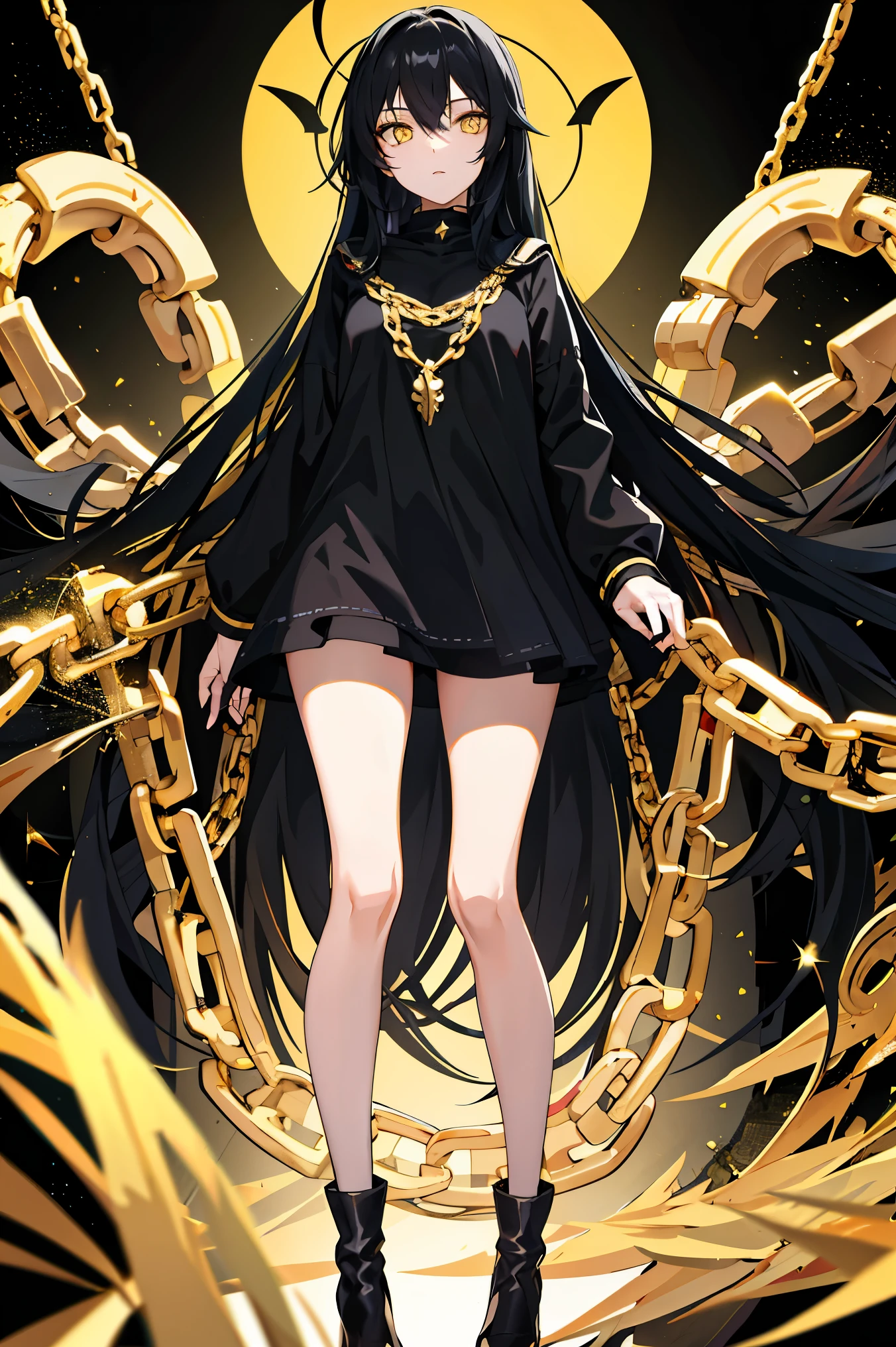 Girl with long black hair and yellow eyes ,Gold chain,whole body