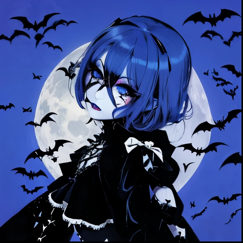 Gothic girl, moon, Blue background, bats, spiders, gothic make-up