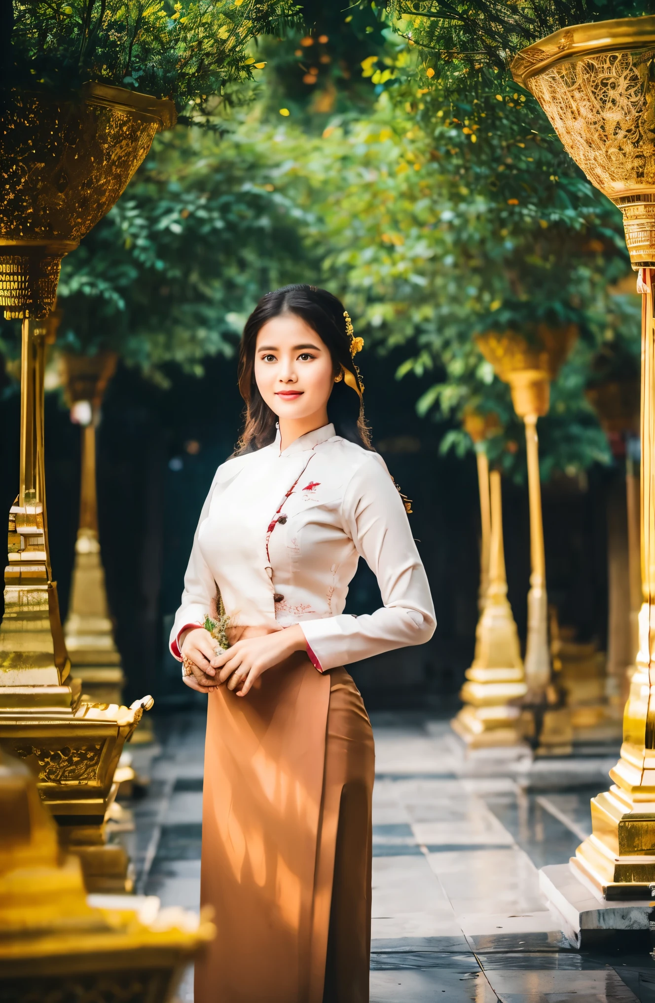 create a landscape image of Shwedagon pagoda, with a beautiful Myanmar young woman wearing traditional myanmar attire and Pathein umbrella in hand,feminine posture,graceful movements  
 full body , long shot, wide angle photography, square of Shwedagon pagoda ambience,soft natural lighting, ethereal atmosphere, mystical charm,delicate detail ,rich cultural heritage, vibrant colors, contrast background color, high quality photography,  award-winning,daylight
