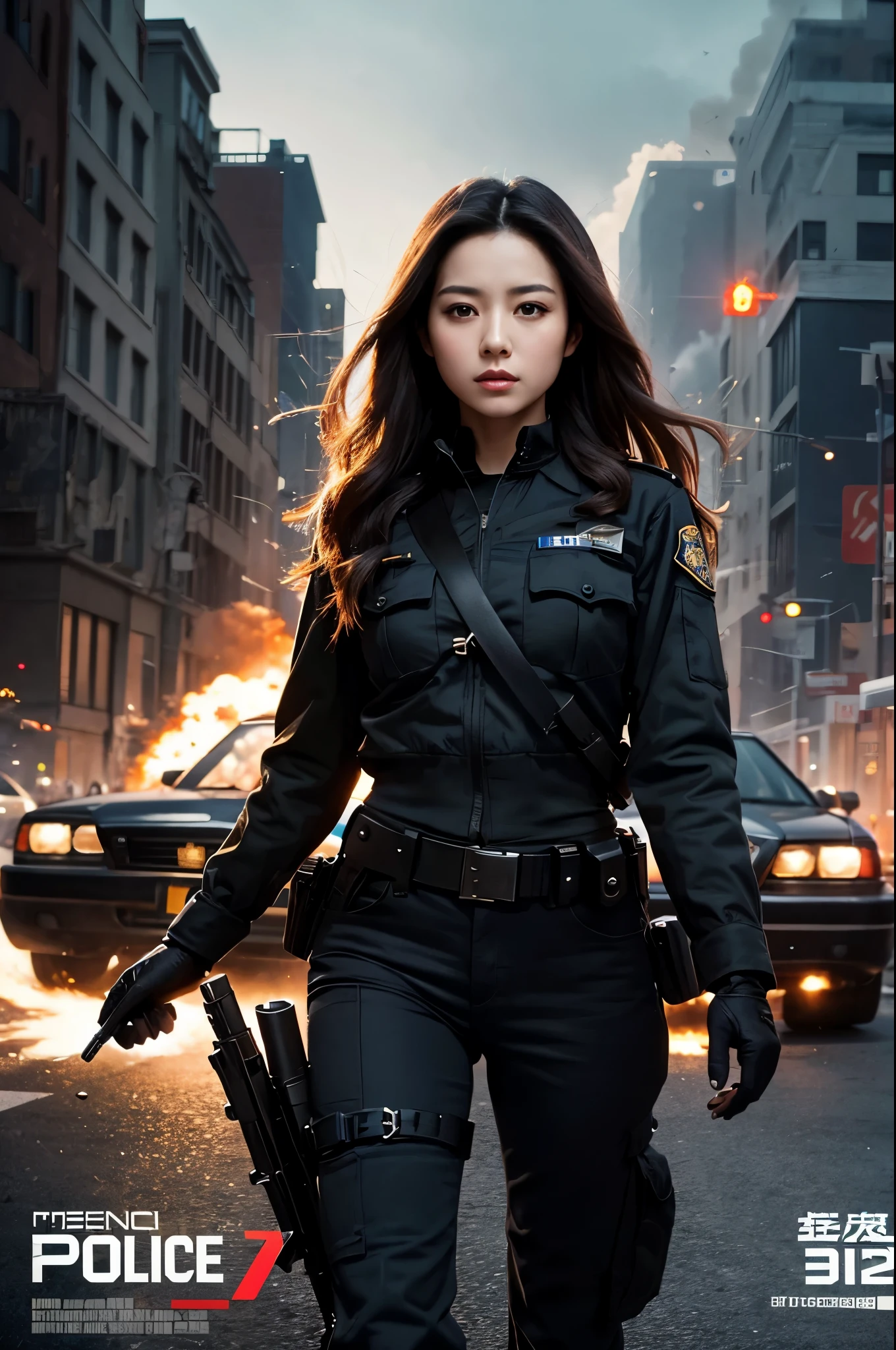 Police movie poster, beautiful woman, medium dark long hair, with big gun in hands, black clothes, rivets, explosions, cars, planes, just one body
