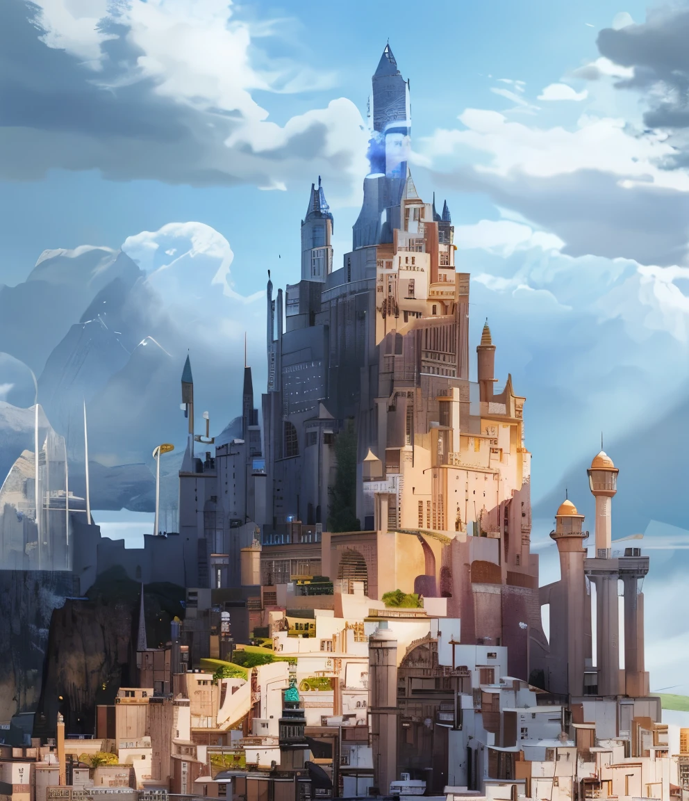 there is a large castle on a hill with a lot of buildings, fantasy cityscape, fantasy capital city, flying cloud castle, fantasy city background, epic castle with tall spires, fantasy architecture, 2. 5 d cgi anime fantasy artwork, futuristic castle, fantasy city, high quality digital concept art, high fantasy castle, in fantasy sci - fi city, beautiful 3 d concept art, alamut castle