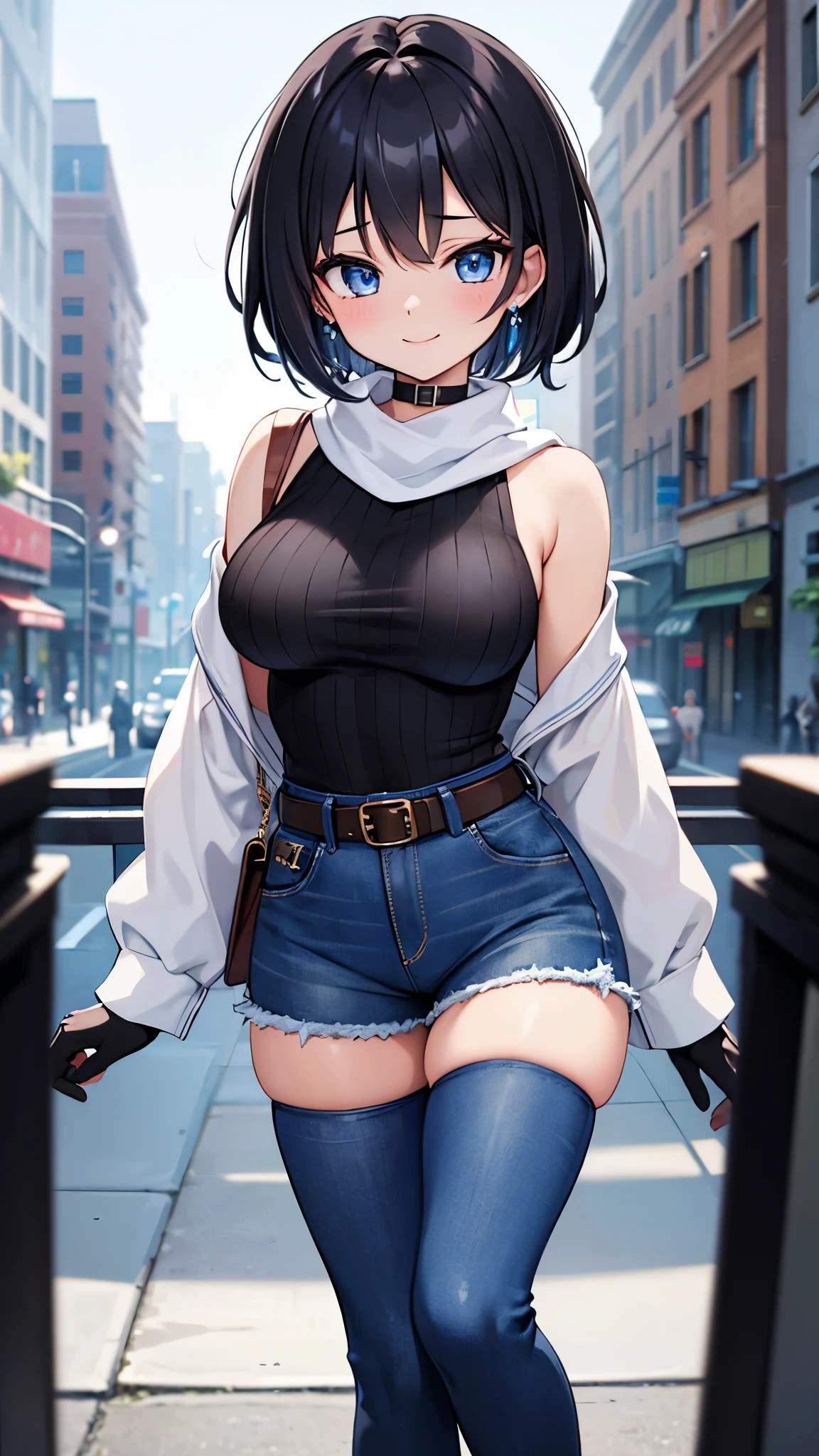 《masterpiece》, 《best quality》, 《ultra-detailed》vibrant colors, girl, masterpiece, sharp focus, best quality, depth of field, cinematic lighting, black hair with gradient to blue, blue eyes, large breasts,big hip and thing thighhighs,black gloves, white scarf, blush, blue sweater, denim, smile, belt, outdoors, jewelry, long sleeves, high-waist jeans, short hair, choker, earrings, thigh boots, thighs, black belt,1girl,solo