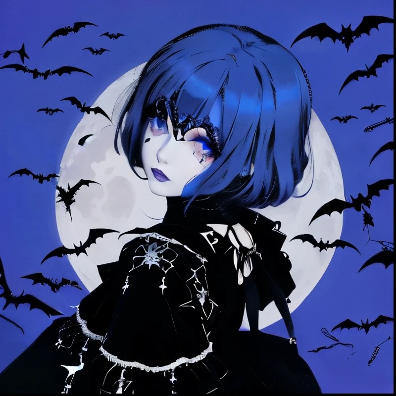 Gothic girl, moon, Blue background, bats, spiders, gothic make-up