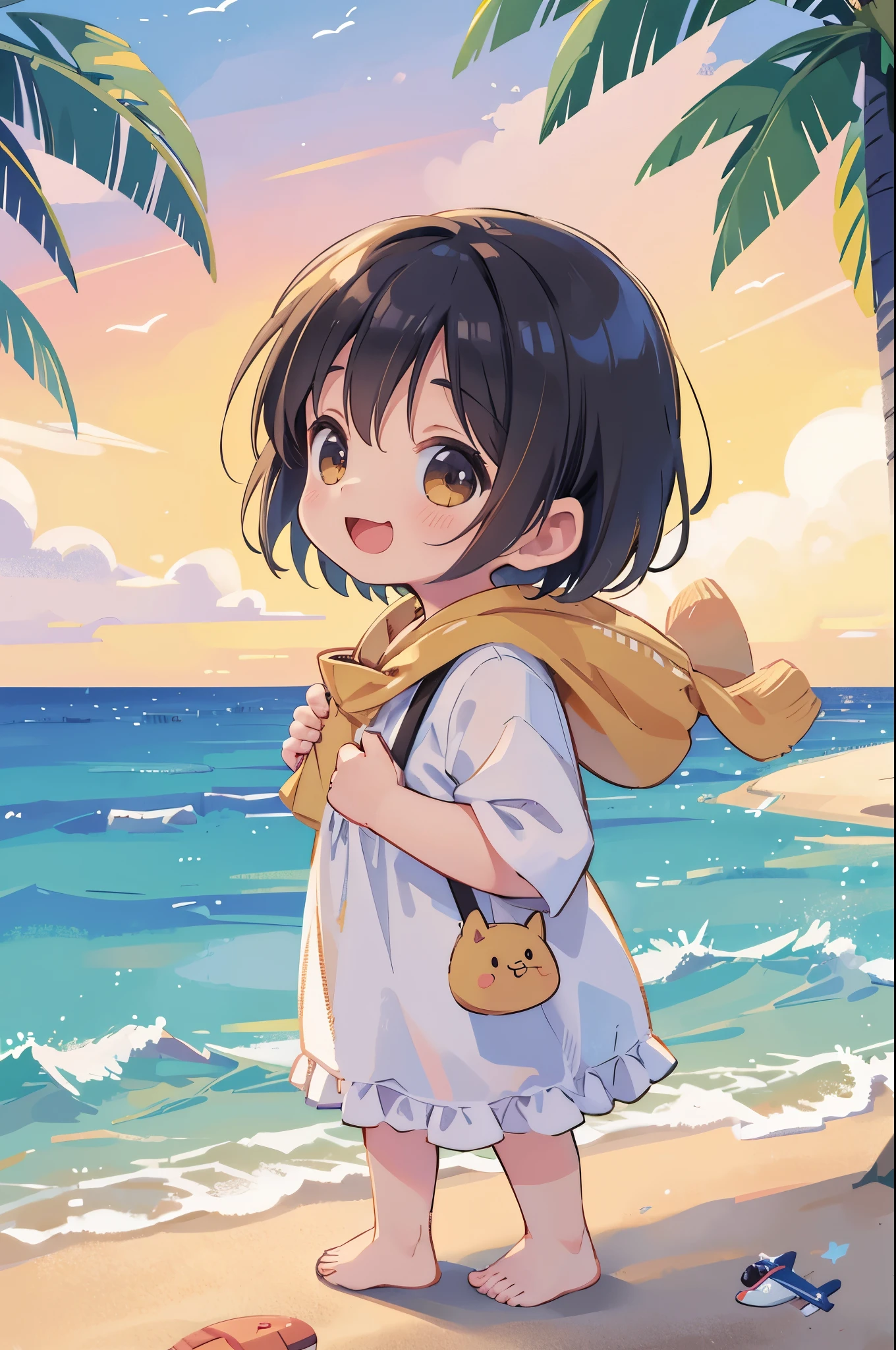 small outdoors,portrait of a full body,5years old,(( airplane)),happily laughinini cute toddler、Taken from the side、Strong bokeh、Shiba dog、sand beach