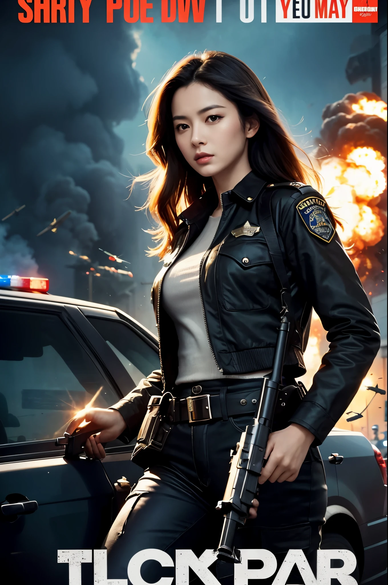 Police movie poster, beautiful woman, medium dark long hair, with big gun in hands, black clothes, rivets, explosions, cars, planes, just one body