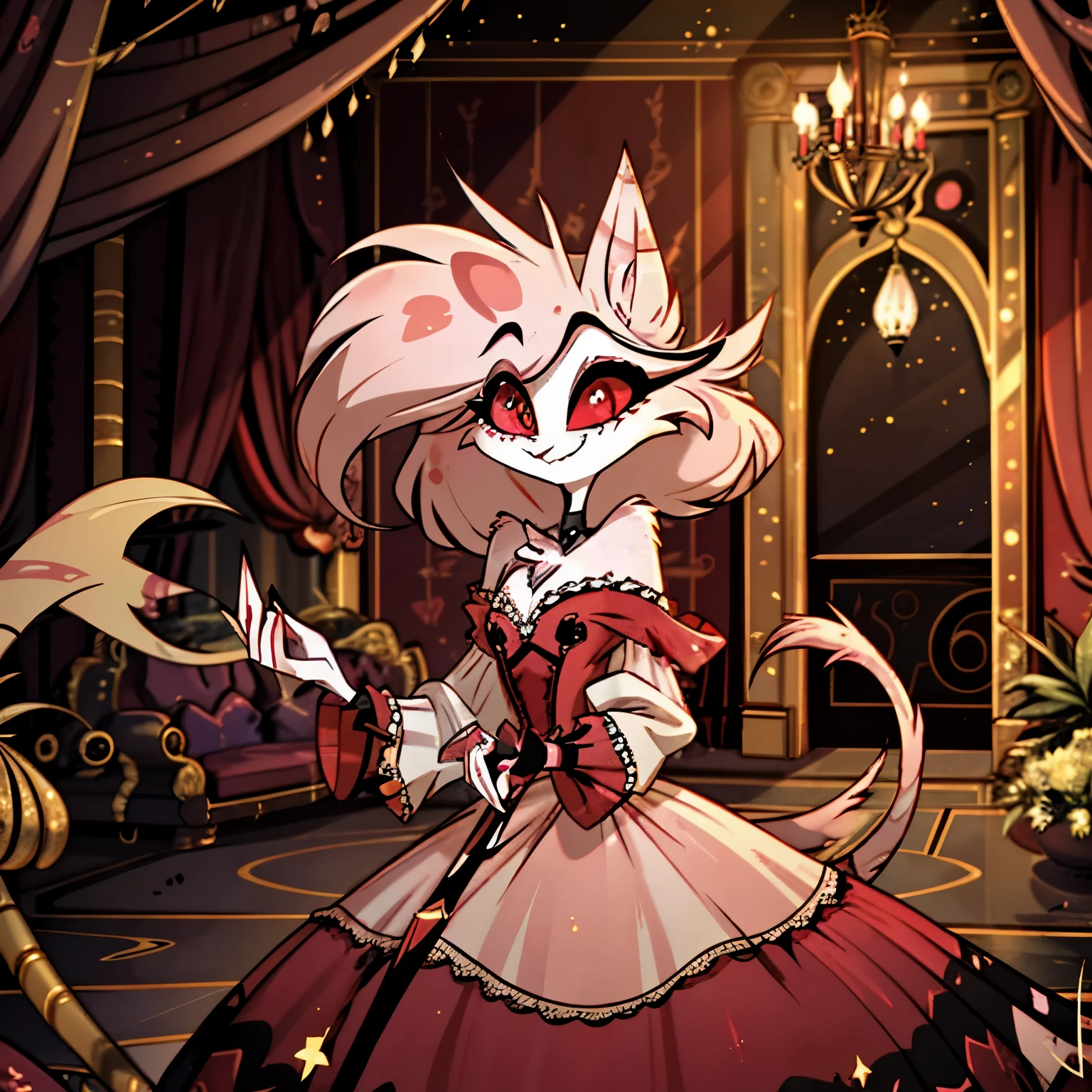 In the Hazbin Hotel universe, a feminine draconequus demon inspired by Fluttershy captivates with her enchanting presence. Combining feline and equine features, she wears a romantic era gown adorned with delicate lace and flowing sleeves. Against the opulent backdrop of ballrooms and gardens, her graceful movements cast a spell of timeless elegance in the vibrant world of Hazbin Hotel.