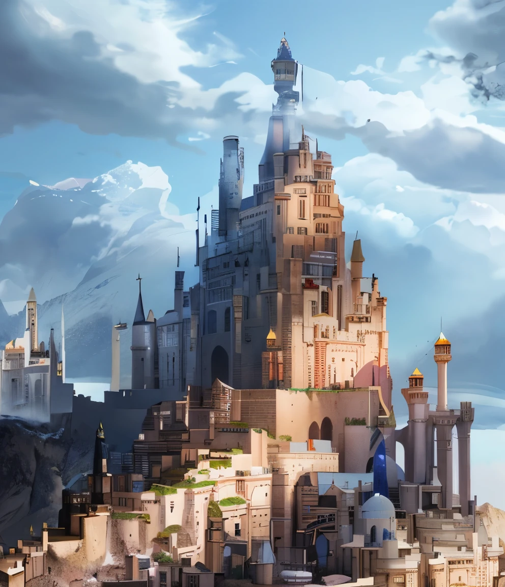 there is a large castle on a hill with a lot of buildings, fantasy cityscape, fantasy capital city, flying cloud castle, fantasy city background, epic castle with tall spires, fantasy architecture, 2. 5 d cgi anime fantasy artwork, futuristic castle, fantasy city, high quality digital concept art, high fantasy castle, in fantasy sci - fi city, beautiful 3 d concept art, alamut castle