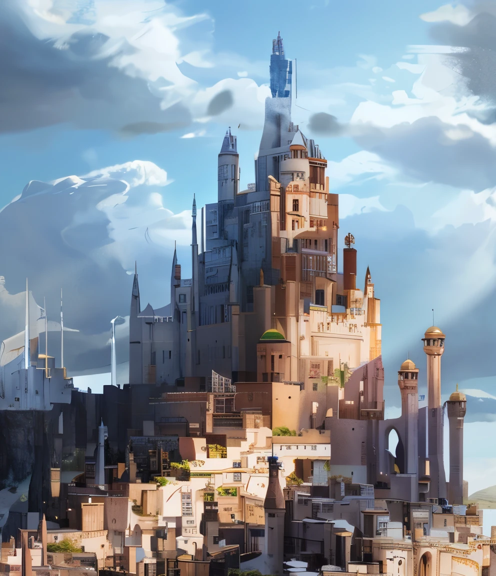 there is a large castle on a hill with a lot of buildings, fantasy cityscape, fantasy capital city, flying cloud castle, fantasy city background, epic castle with tall spires, fantasy architecture, 2. 5 d cgi anime fantasy artwork, futuristic castle, fantasy city, high quality digital concept art, high fantasy castle, in fantasy sci - fi city, beautiful 3 d concept art, alamut castle