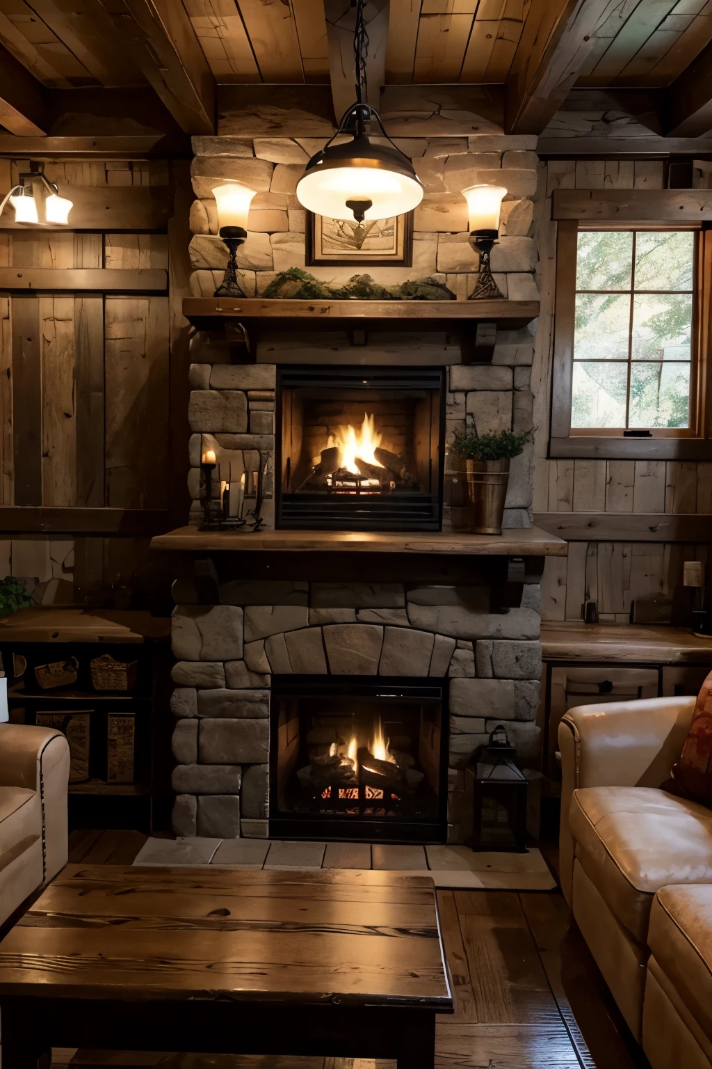 cozy tavern with fine furniture and a stone fireplace