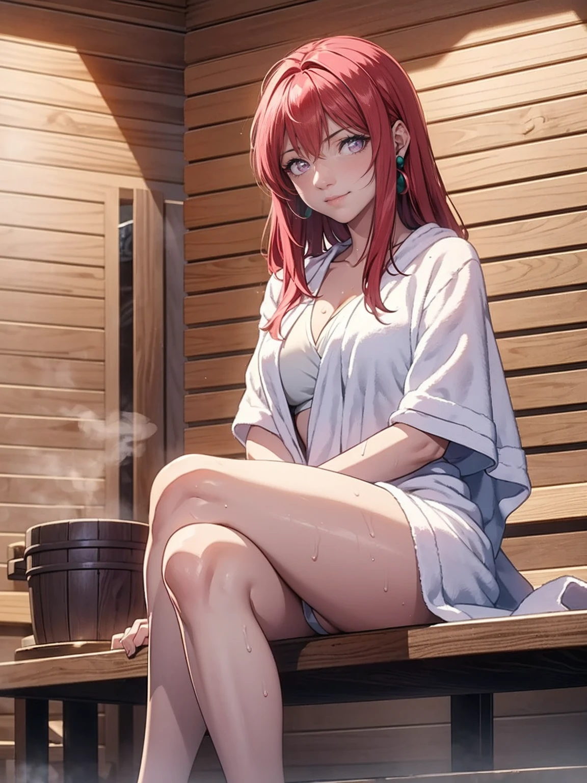 1girl, Alone, relaxed expression, ((sitting on the bench)), sauna, ((white towel and cute wrapped in a white towel)), (((legs crossed, sweating, steam in the room, wooden sauna, TakashiroHiroko, dark purple eyes)) ), Takashiro Hiroko, 1girl, mature woman, alone, legs crossed, cowboy shot, looking at viewer, smile, blushing, dark purple eyes, long hair, red hair, earrings, jewelry, fog,