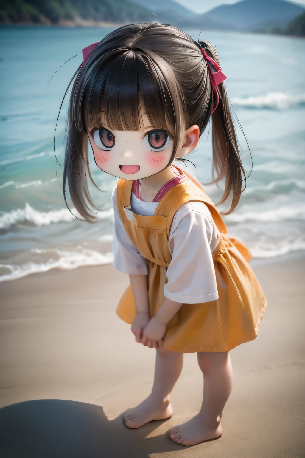 small outdoors,portrait of a full body,5ars old,(( airplane)),happily laughinini cute toler、Taken from the side、Strong bokeh、Shiba dog、sand beach