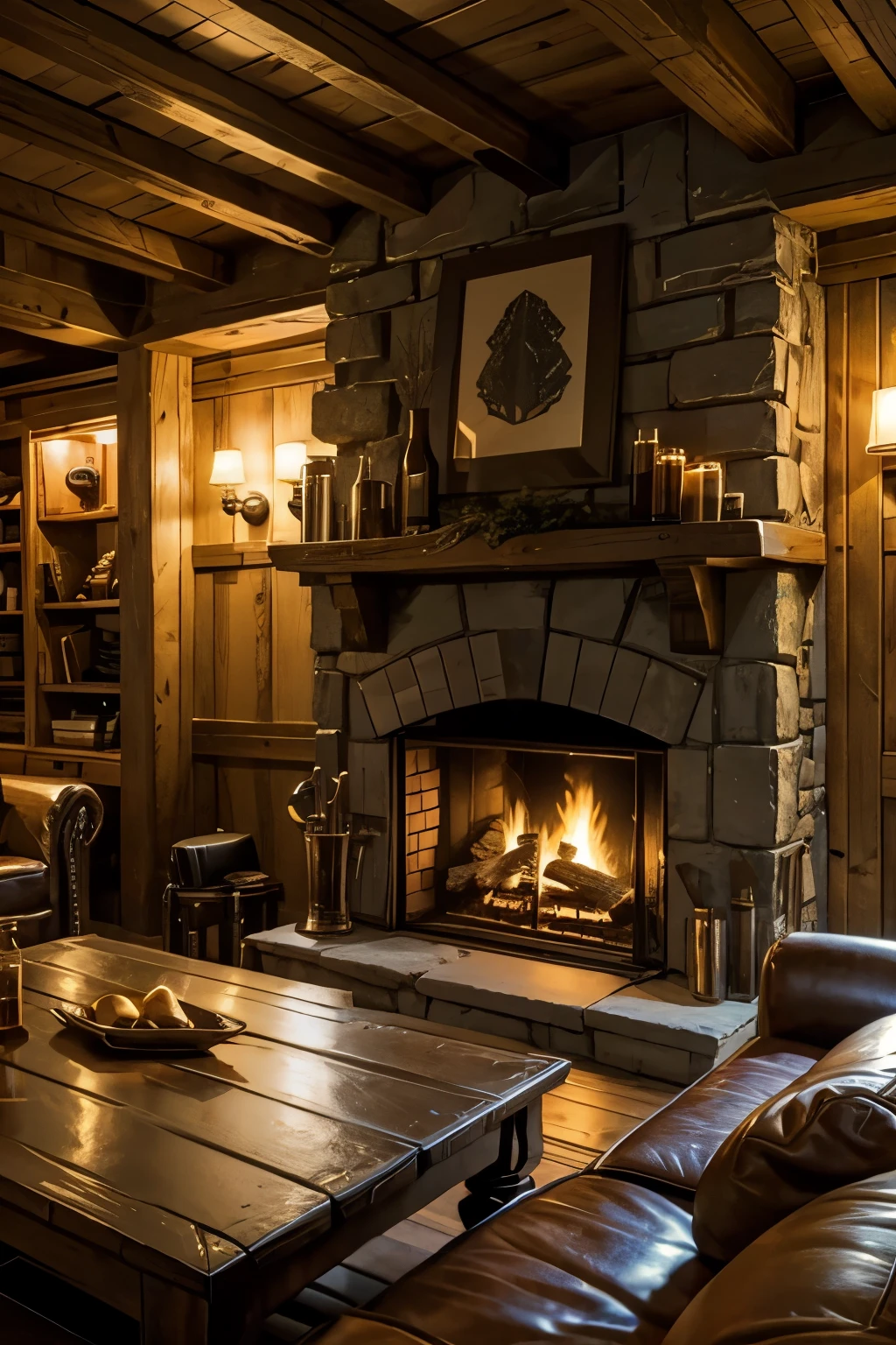 cozy tavern with fine furniture and a stone fireplace