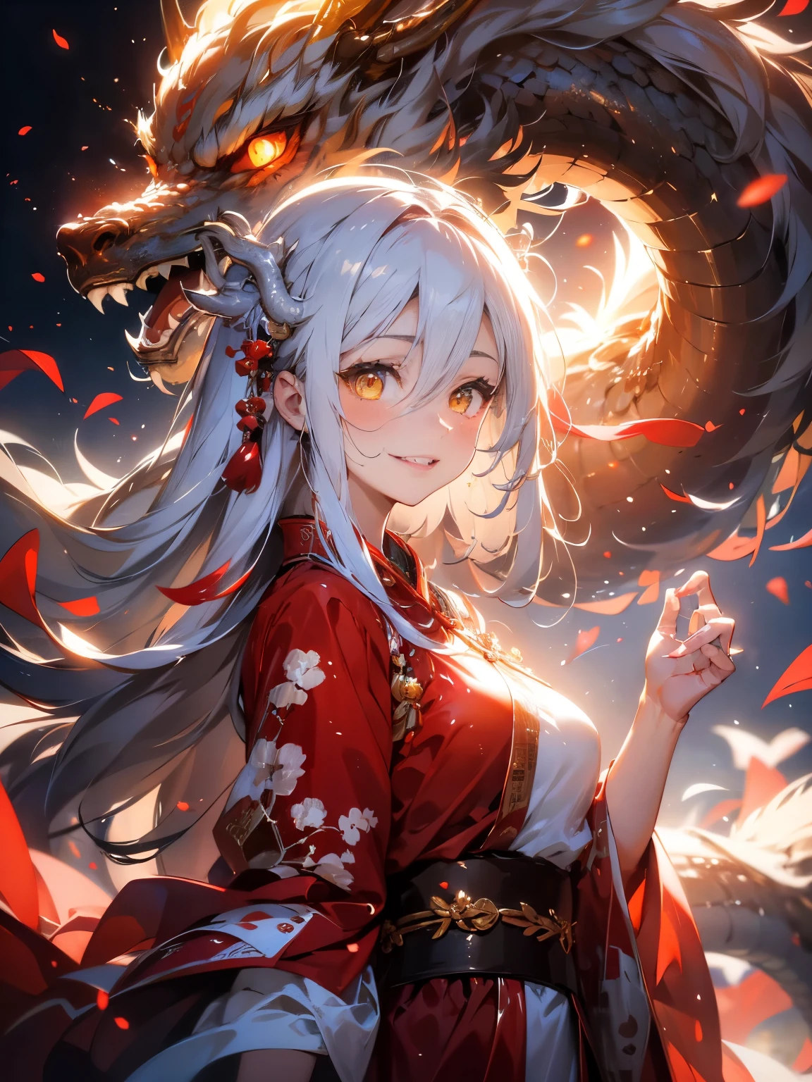 (best quality, 4k, 8k, highres, masterpiece:1.2), ultra-detailed, detailed face, detailed lips and eyes, attractive appearance, expressive face, realistic,
closeup portrait, upper body, Qinglong, ((Gentle Chinese Dragon)), ((oriental white dragon)),
BREAK BLARKY beautiful caucasian woman with very long straight white hair,(yellow eyes),fair skin,expressive face,attractive appearance,animal ear fluff,animal ears,extra ears,fox ears,fox girl,fox tail,long hair, bangs, hair between eyes, large breasts, blush, (19-year-old, height 162 cm),
BREAK floating hair, depth of field, bright eyes, (beautiful smile), beautiful background, upper body, (deep blush), cute, (smile,happy,good smile:1.2), looking at viewer, hair accessories, chinese clothing, white hanfu, water, water drops, ocean background, chinese ship