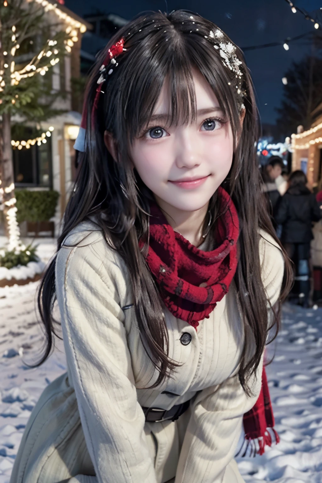 (A close-up of one girl is、Has long hair with dull bangs in a winter uniform and scarf coat:1.5)、(One girl with a shy smile:1.5)、(Snowy winter night street corner with Christmas lights:1.5)、(perfect anatomy:1.3)、(no mask:1.3)、(full finger:1.3)、realistic、photograph、table top、highest quality、High resolution, delicate and beautiful、perfect face、beautiful and fine eyes、Fair skin、real human skin、pores、((thin legs))、(black hair) information,(((whole body)))