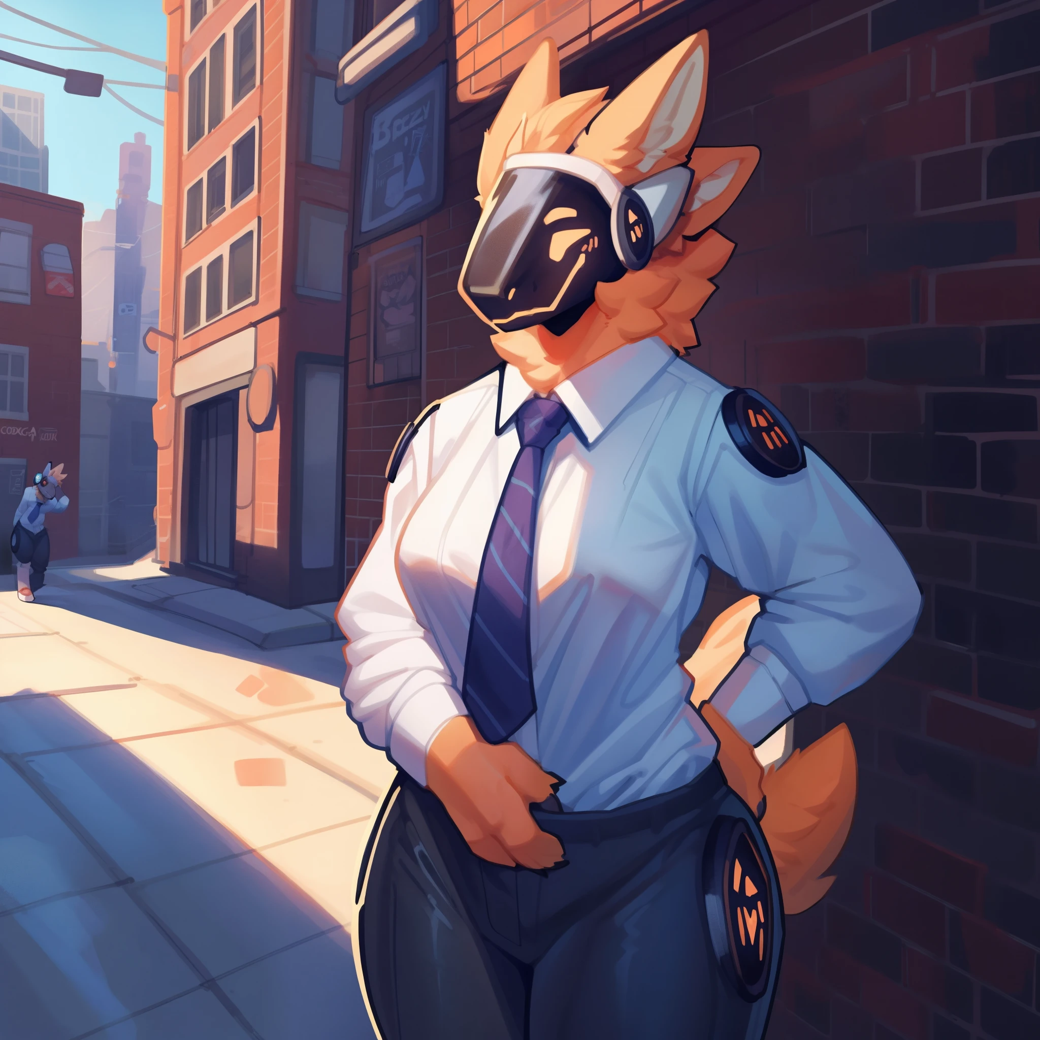 by bigcozyorca, by goonie-san, by bebebebebe, by spikedmauler, female, 1girl, solo, breasts, city street background, protogen, protogen face, protogen visor, staring down viewer, work clothes, long sleeve button up, necktie, dress pants,