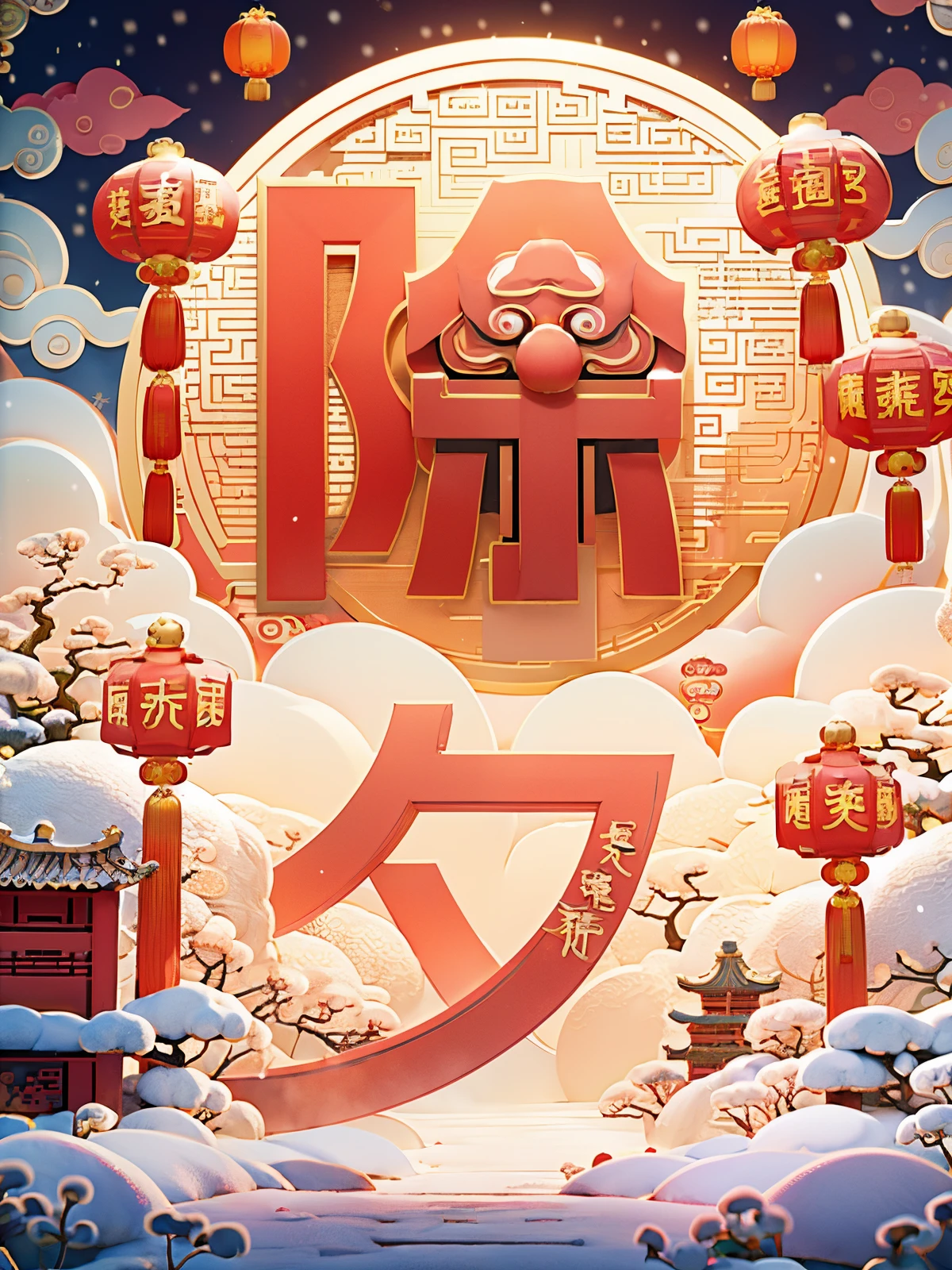 (Chinese New Year:1.5)，gold，(red)，(3D model:1.2)，festive，firecracker，(lantern)，Chinese dragon，Chinese architecture，on the ground，winter，(snow)，(bokeh effect)，trees，(china garden)，(CNY)