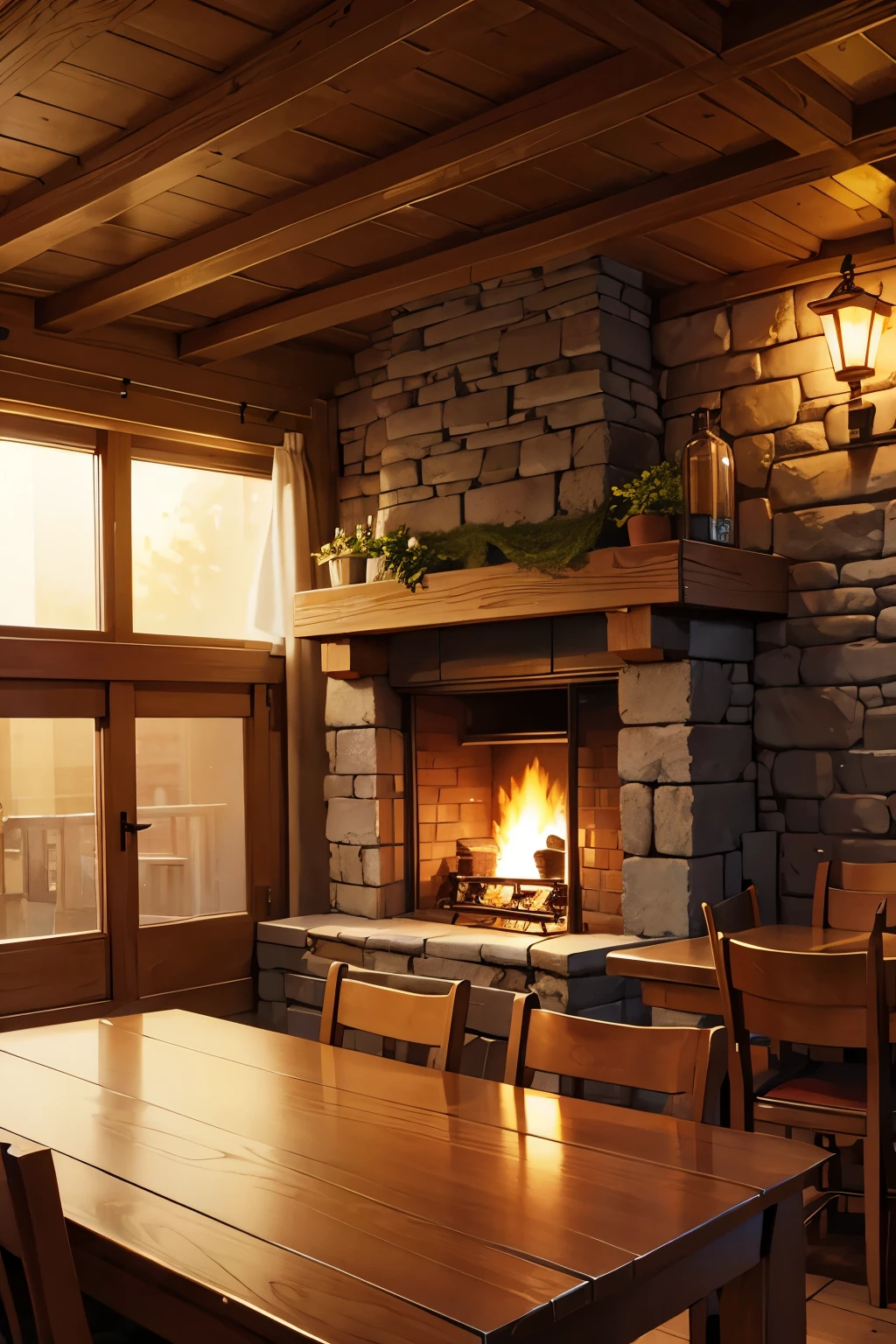 cozy tavern with fine furniture and a stone fireplace