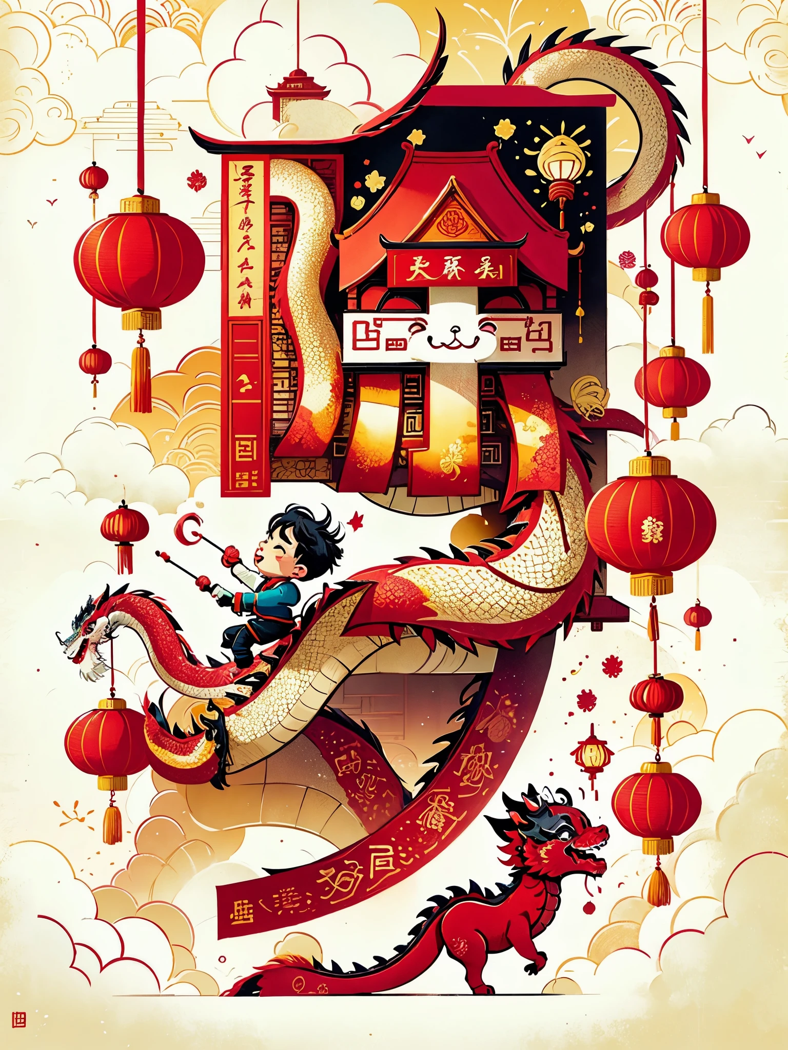 CNY, 1 boy，chibi，Chinese dragon，fireworks, lantern, couplets, firecracker, red envelopes, Chinese rural architecture, festive, rich and colorful, Chinese traditional clothing, Spring Festival decoration, Traditional cultural elements, Town Square，Ultra-high saturation，rich and colorful的, bright，Cartoon vector style, Change， Flat anime style, Cartoon minimalism, Flat vector art, flat illustration, Cartoon Cute