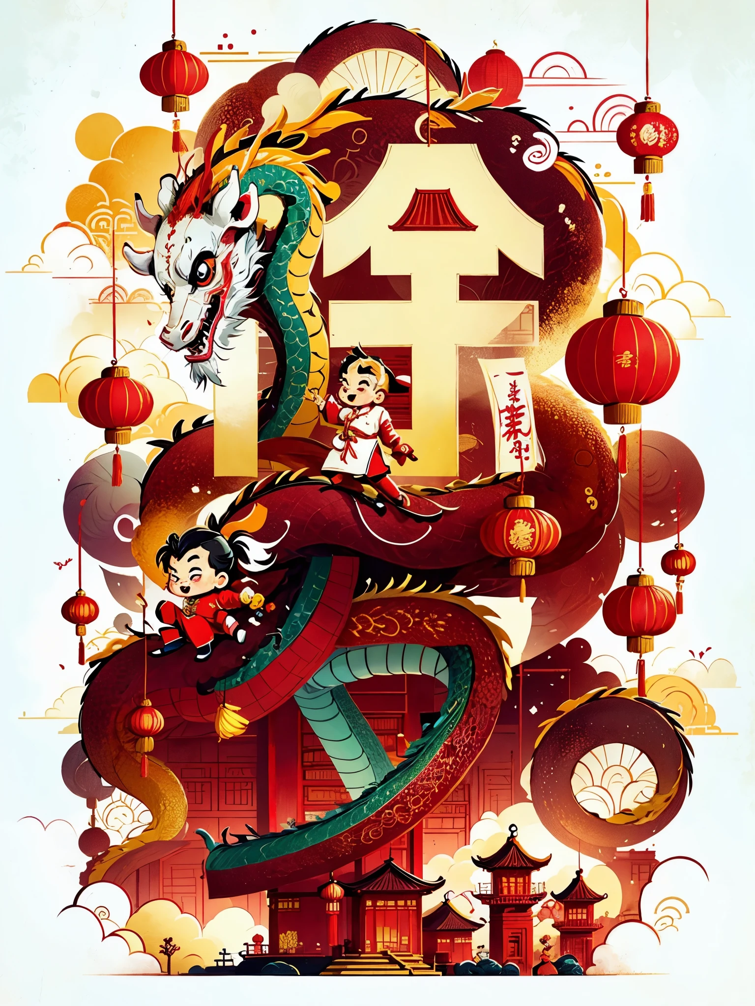 CNY, 1 boy，chibi，Chinese dragon，fireworks, lantern, couplets, firecracker, red envelopes, Chinese rural architecture, festive, rich and colorful, Chinese traditional clothing, Spring Festival decoration, Traditional cultural elements, Town Square，Ultra-high saturation，rich and colorful的, bright，Cartoon vector style, Change， Flat anime style, Cartoon minimalism, Flat vector art, flat illustration, Cartoon Cute