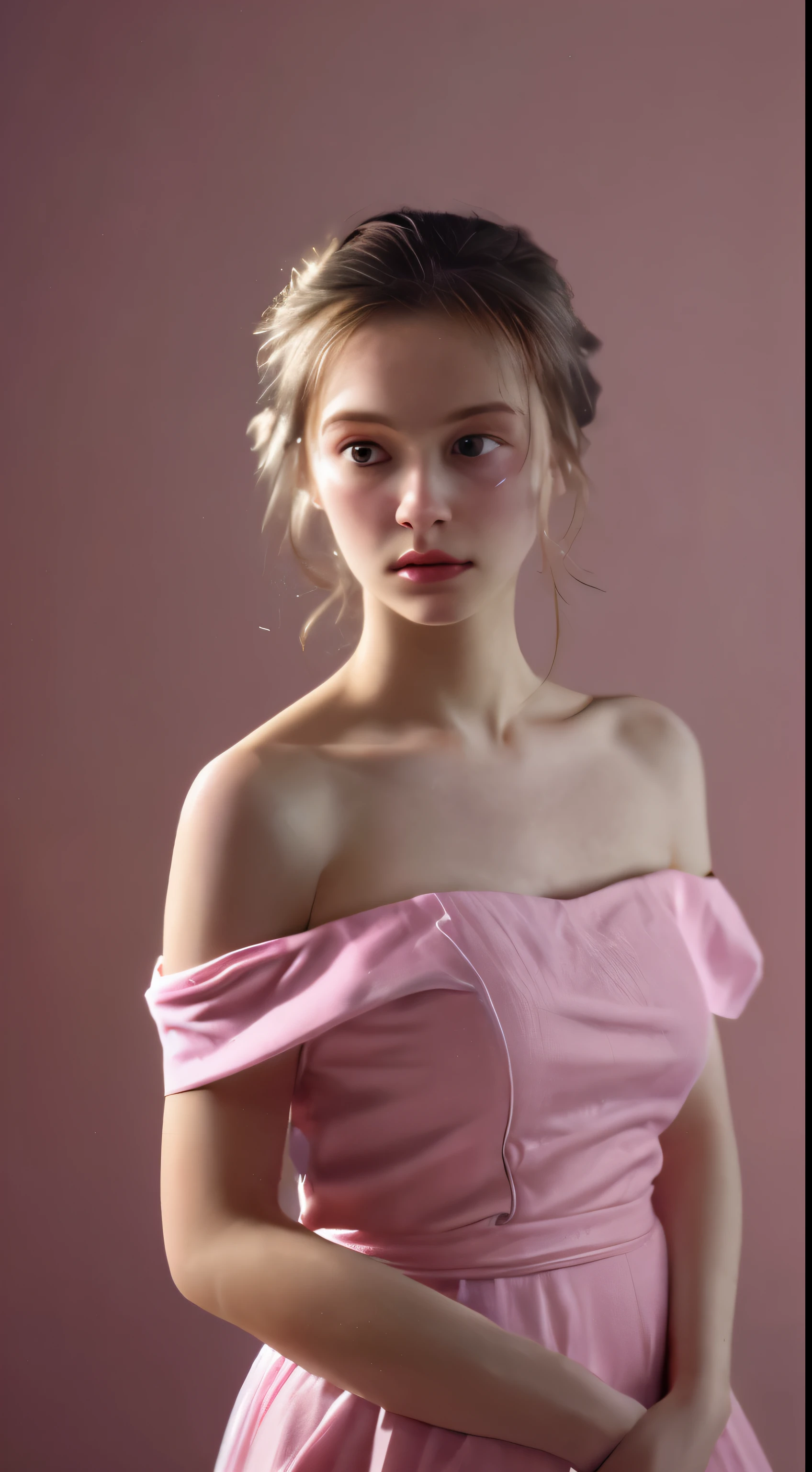 Best Quality, Masterpiece, Ultra High Resolution, (Realisticity: 1.4), Original Photo, 1girl, Pink Off-the-Shoulder, Cinematic Lighting