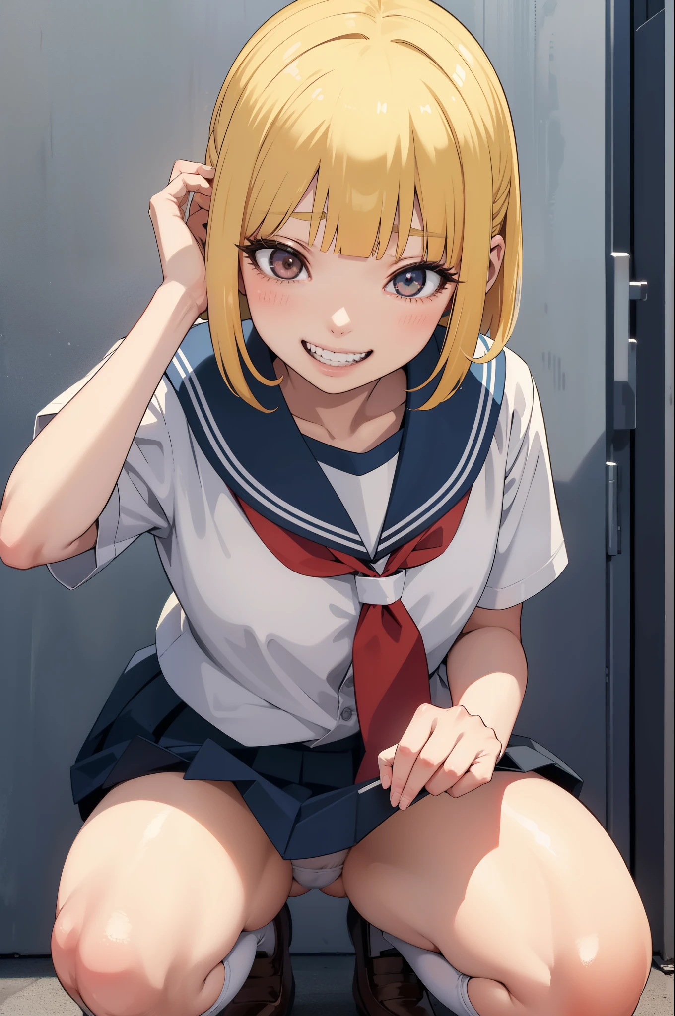 Hana Midorikawa、Himiko Toga、School uniform、blonde  hair、Show your teeth and grin、white  panties、Squatting、Spread Wide knees、Put hand on cheek