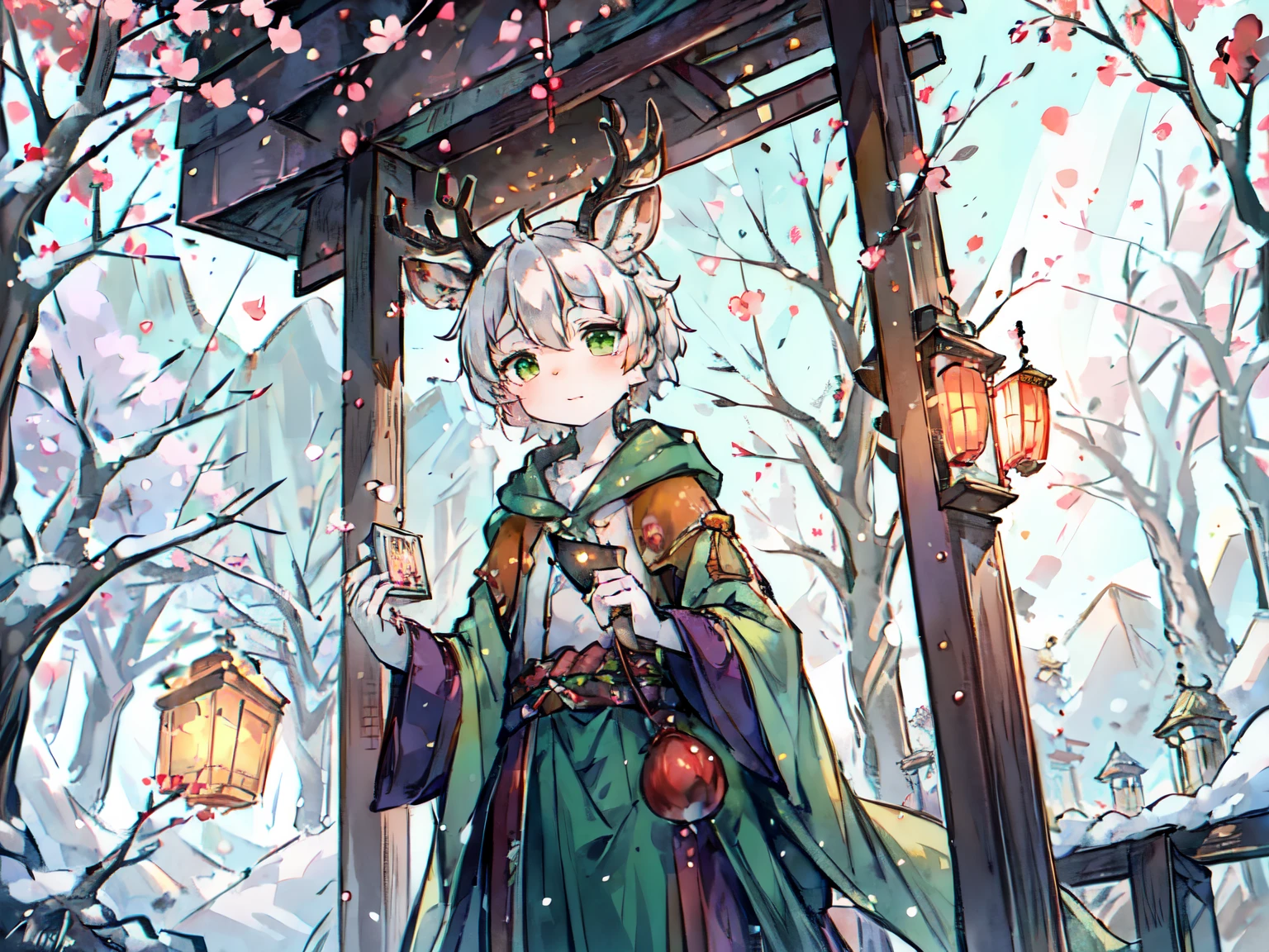 ink style,a white deer,antlers,Plum tree,Plum petals,plum blossom branch,Stand by the tree,Green shirt,long cloak,Flowing cloak,Cute Shota,green eyes,mitigate,Orange trees,The trees are full of oranges,There is a book next to you,Mountain,white hair,Purple left sleeve,Orange right sleeve,sparkling starry sky,fallen leaves,Mountain河,white hairefly虫,firefly,dark night,Portable lanterns,new year lanterns,snow,snow域,Holding a wishing card in hand,green clothing,temple,Cute Shota,,Holding a folding fan in hand,Red Lantern
