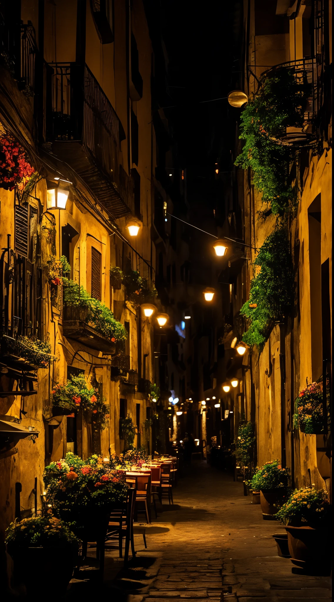 The analog style scenery quartieri spagnoli restaurant in Naples night illumination, candlelight, flowers