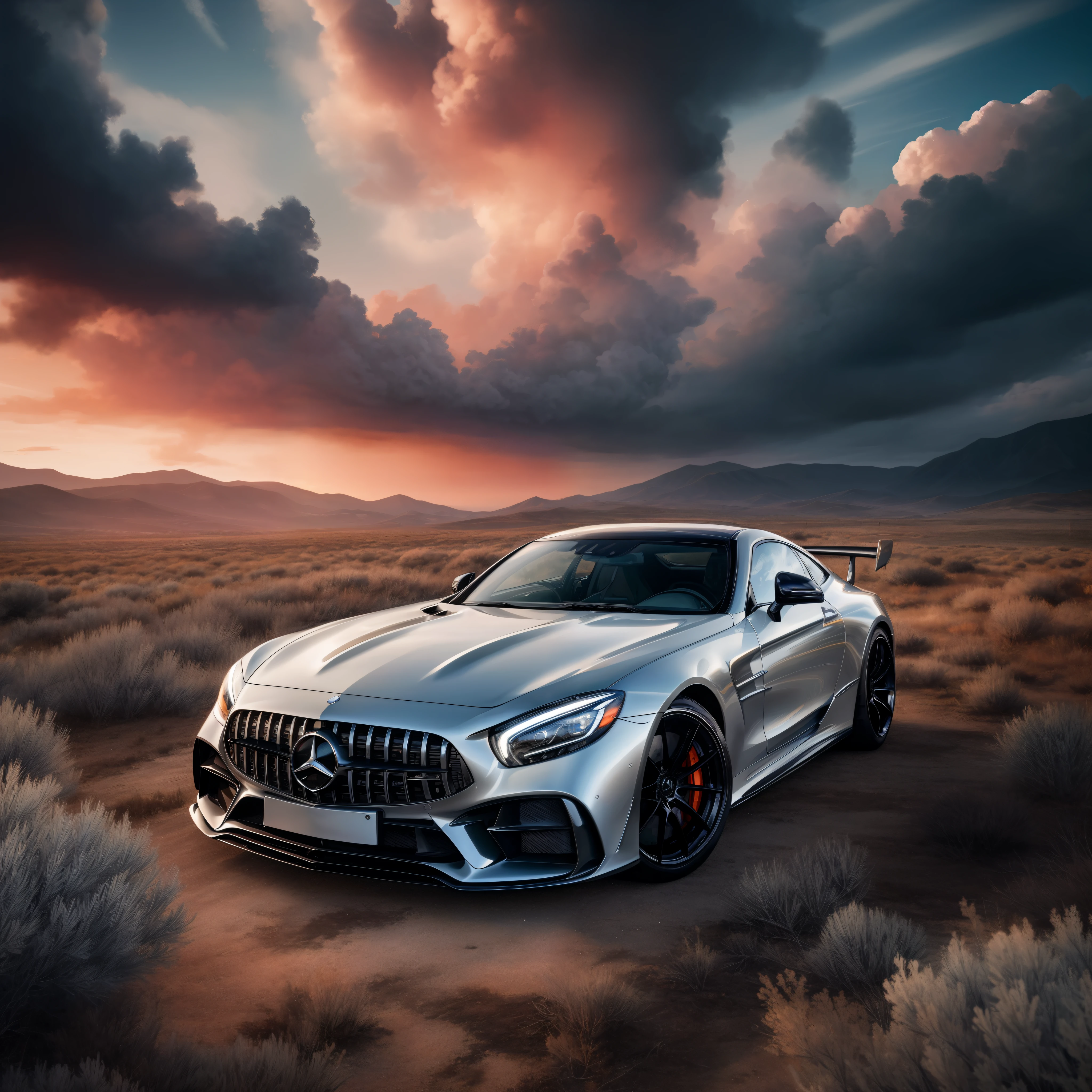 A sleek, Mercedes AMD GTR with a metallic silver finish, parked outdoors. The setting is a vast open space with sparse vegetation and rolling hills in the background. The sky is dramatic, filled with clouds that are illuminated by the vibrant hues of a sunset, casting a mix of warm and cool tones over the landscape. no license plate