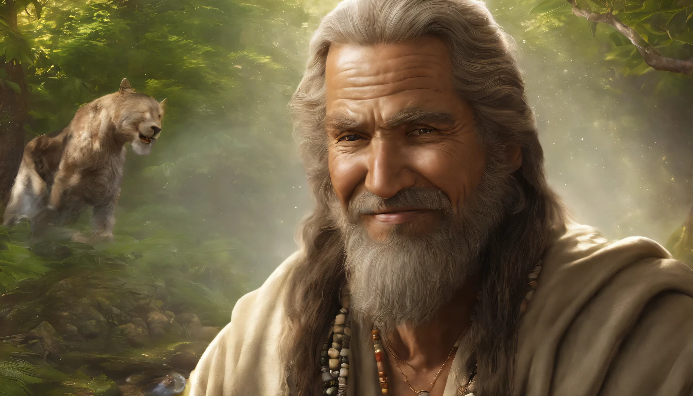 "Generate an image of a wise and spiritually grounded male figure. Picture a man with a well-groomed beard and mustache, exuding a calming and healing presence. His eyes are filled with compassion and wisdom, reflecting a deep connection to the spiritual realm. The energy around him is serene and uplifting, creating an aura of positivity and inner peace. Capture the essence of spiritual healing in his gentle smile and the way he carries himself. The background should complement this energy, suggesting a sacred or natural setting that enhances the overall sense of tranquility."





