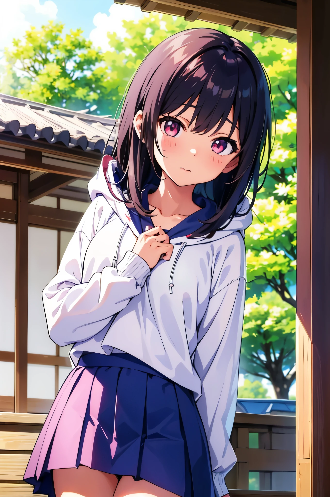 countryside Veranda of a Japanese house from the Showa era girl 8-year-old flat chelack r long hair eyes are purple ((1 person)) Hooded hoodie with upper body pink Lower body navy blue mini skirt white panties white socks Bright sunlight Standing on the veranda ((スカートがめくれてwhite pantiesが見える)) dynamic angle Low - Angle