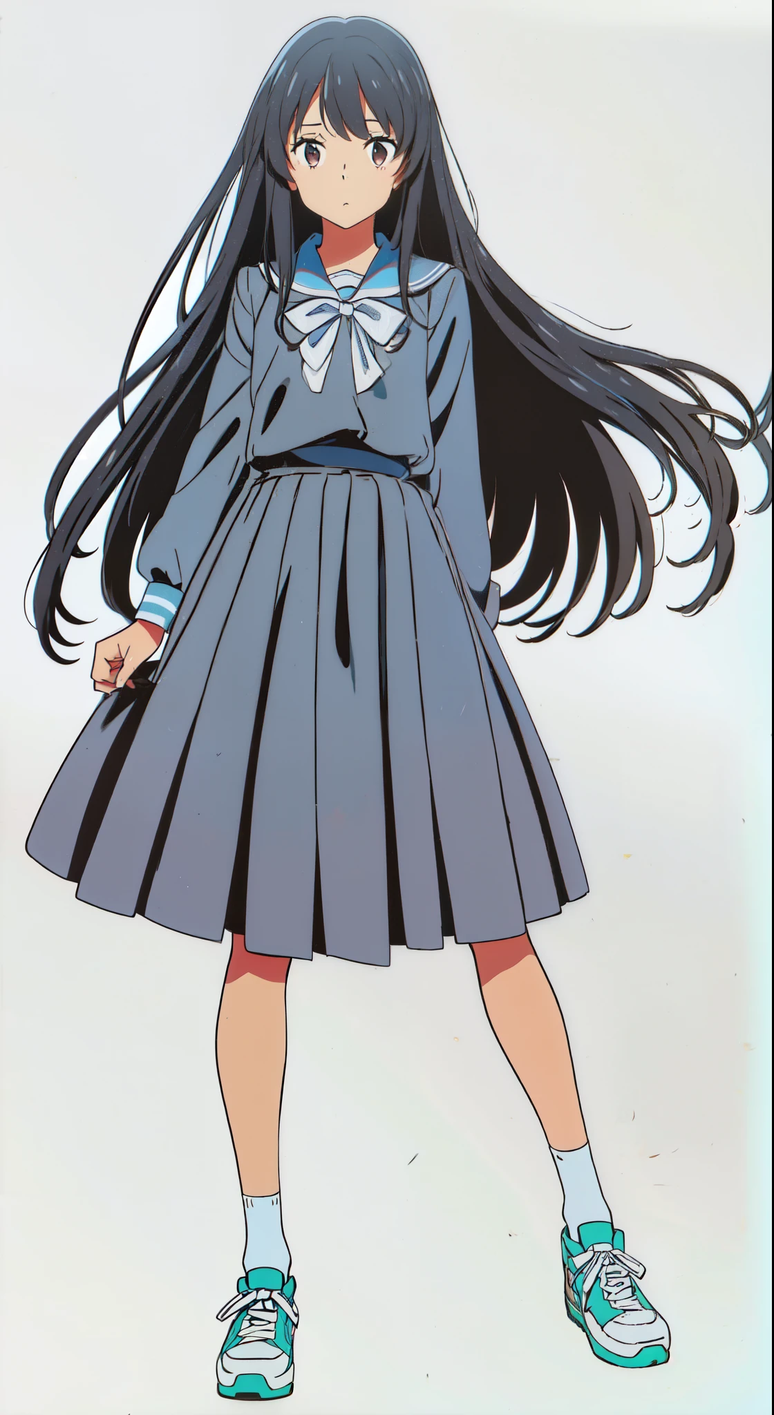 (best quality:1.0), (a 15yo cute girl:1.0), (white background:1.0), (best quality:1.0), (masterpiece:1.0), (super fine illustration:1.0), (beautiful artwork:1.0), (anime screencap:1.0), (official art:1.0), (full body:1.0), (solo:1.0), (a 15yo cute girl:1.0), (long skirt:1.0), (dark blue skirt:1.0), (pleated skirt:1.0), (dark blue sailor uniform:1.0), (long sleeve sailor uniform:1.0), (sneakers:1.0), (white socks:1.0), (ideal ratio body proportions:1.0), (lanky:1.0), (tall:1.0), (slender:1.0), (small breasts:1.0), (smaller face:1.0), (tareme:1.0), (detailed beautiful eyes:1.0), (detailed beautiful face:1.0), (glowing black eyes:1.0), (medium hair:1.0), (black hair:1.0), (standing:1.0), (looking at viewer:1.0)