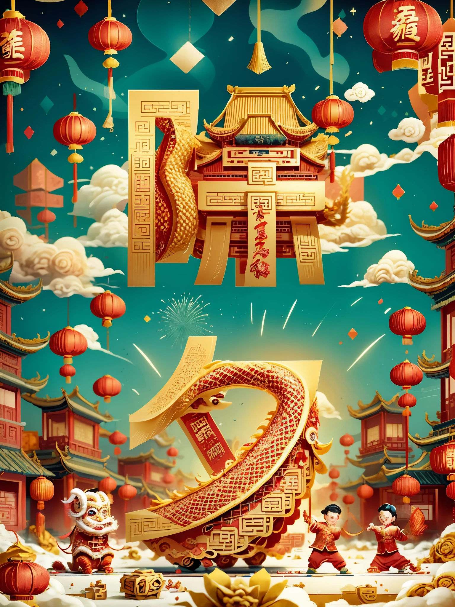 (Chinese New Year:1.5)，gold，(red)，(3D model:1.2)，festive，firecracker，(lantern)，Chinese architecture，on the ground，winter，(snow)，(bokeh effect)，trees，(china garden)，(CNY)