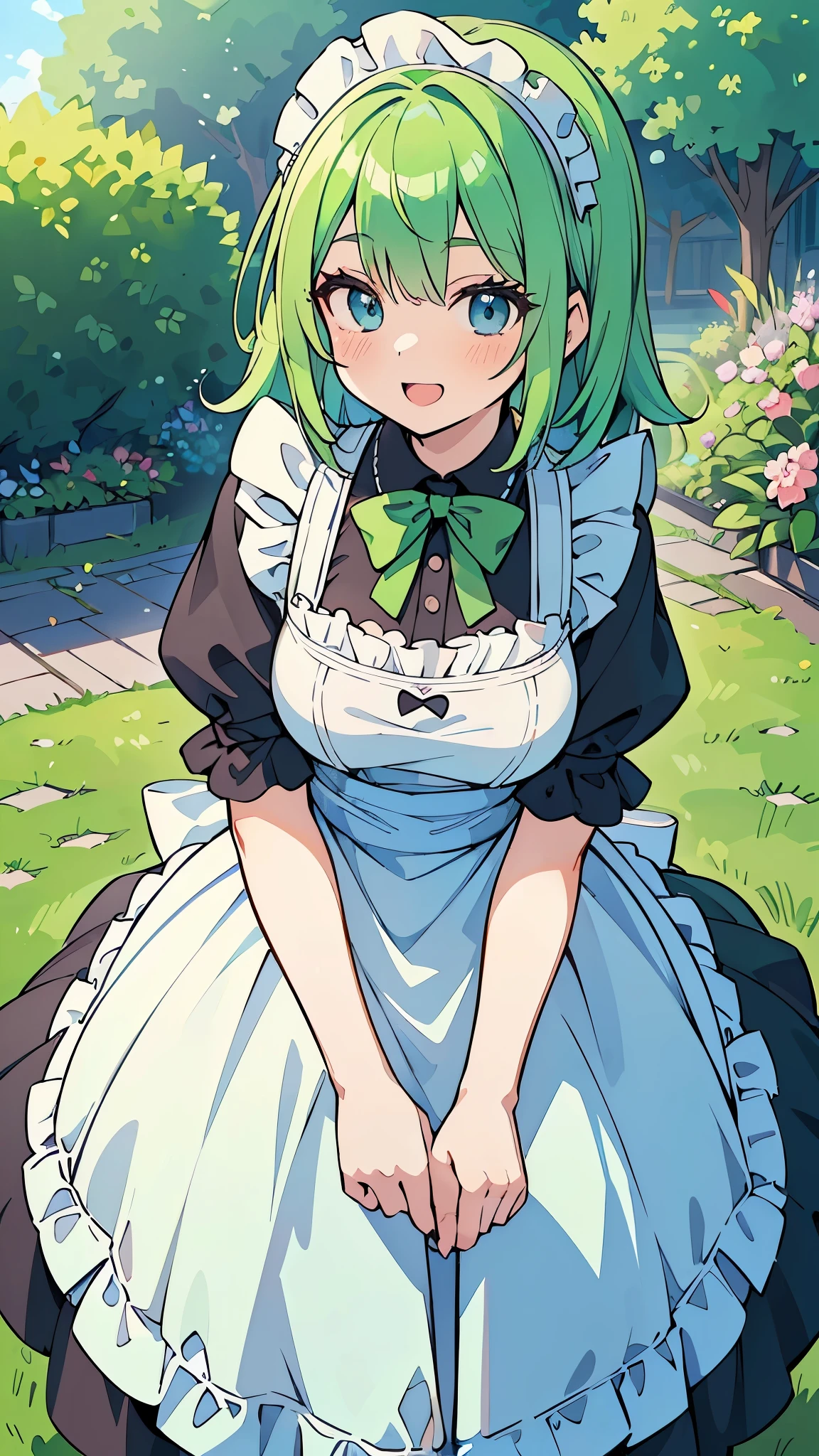 ((A Pretty maid with green hair and blue eyes)), ((wearing maid dress)), Baby face, ((master piece, top-quality, ultra-definition, high resolution)), anime girl, ((ultra-detailed illust:1.2)), only one person, bangs, hair between eye, beautiful hair, Shiny eyes, Medium breasts, Big smile, opened mouth, in the garden, castle