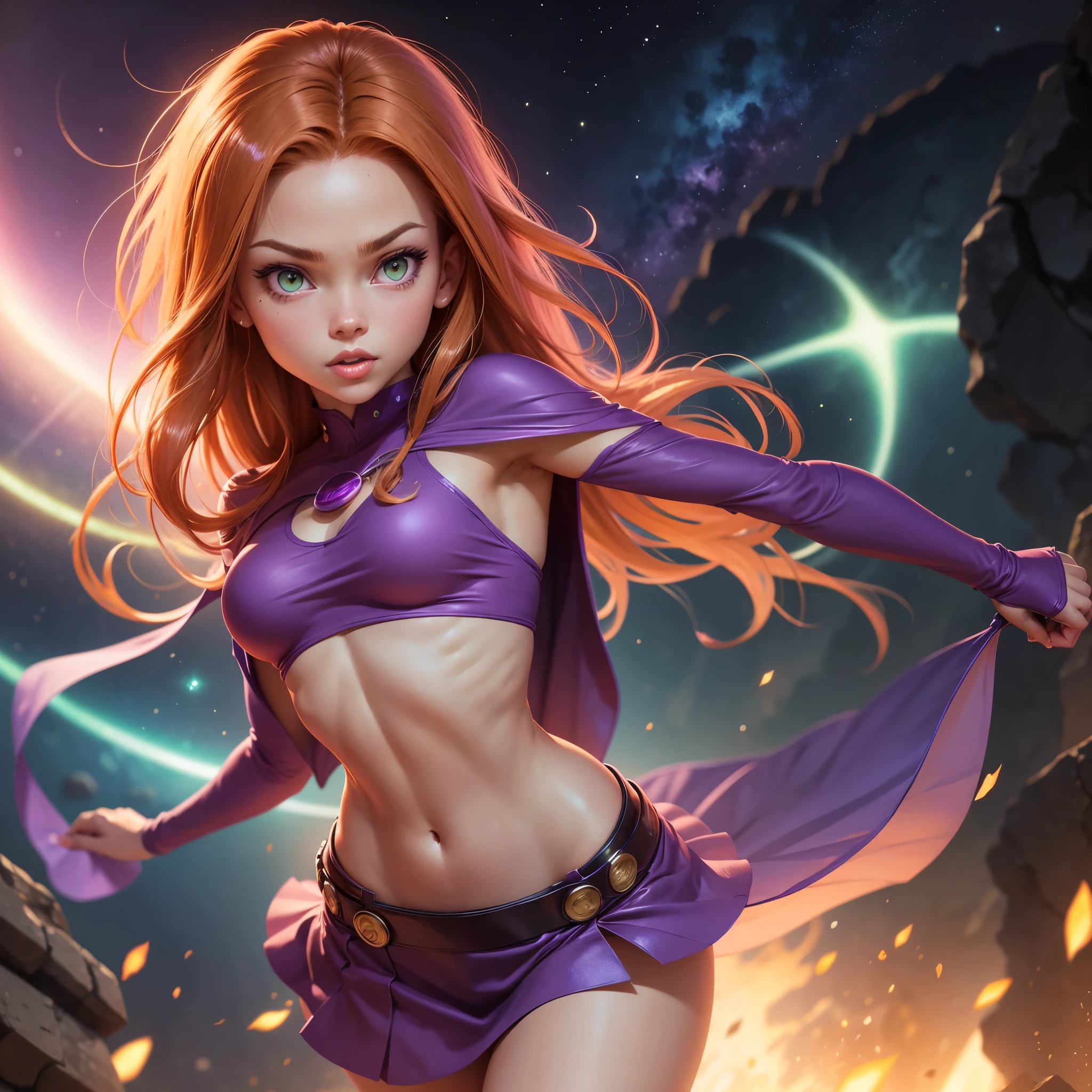 Starfire, mini skirt, ginger hair, eyes green,