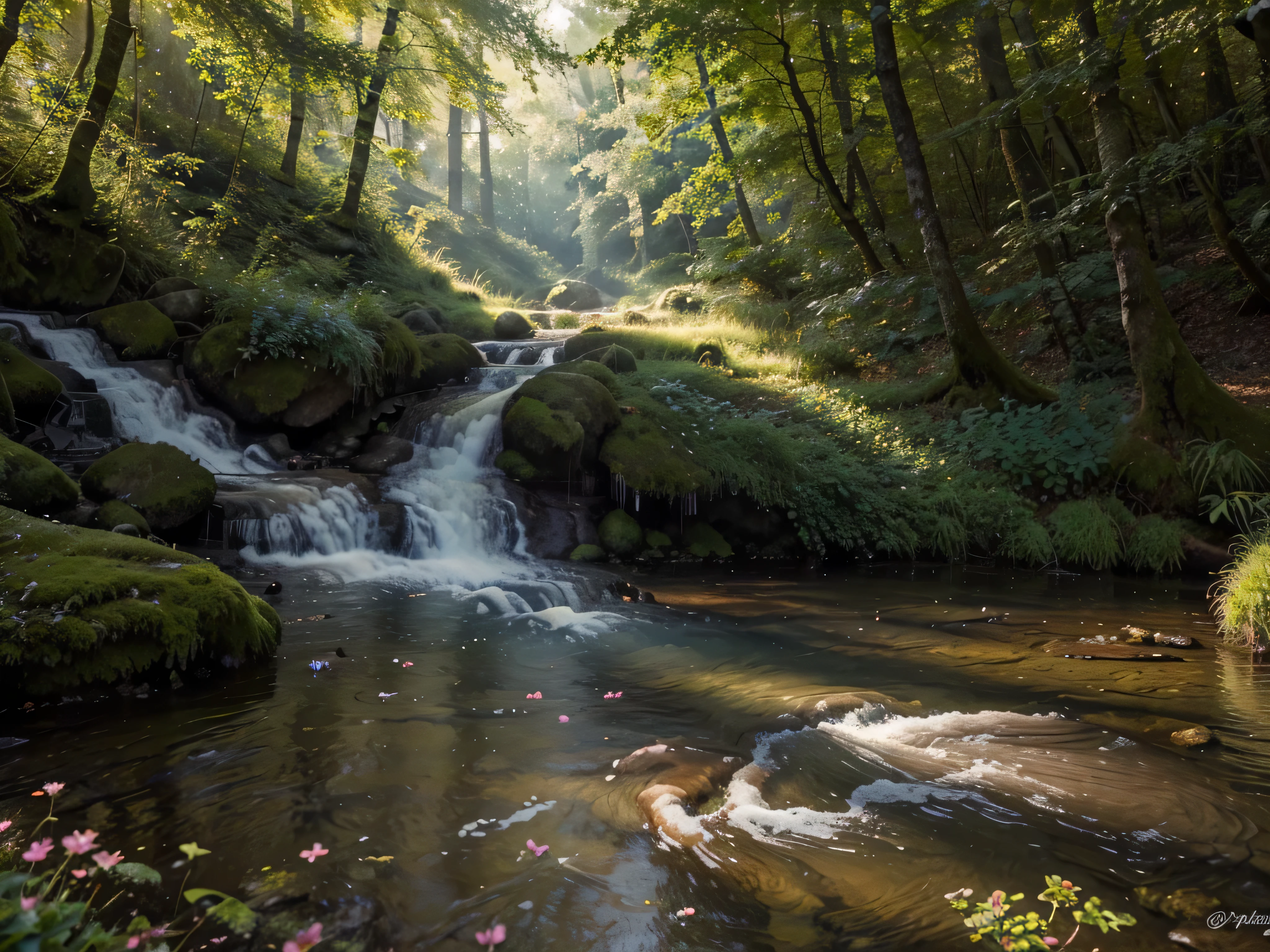 Create a realistic stunning photography In the green forest of nature a glimpse of sunlight on a misty winter morning is creating a wonderful atmosphere for all the forest animals, birds and colorful butterflies flying over various flowers. Blue clear water flows through a small stream where some deer are drinking. Blue clear water flowing through a small stream. must have high resolution and a hyper-realistic