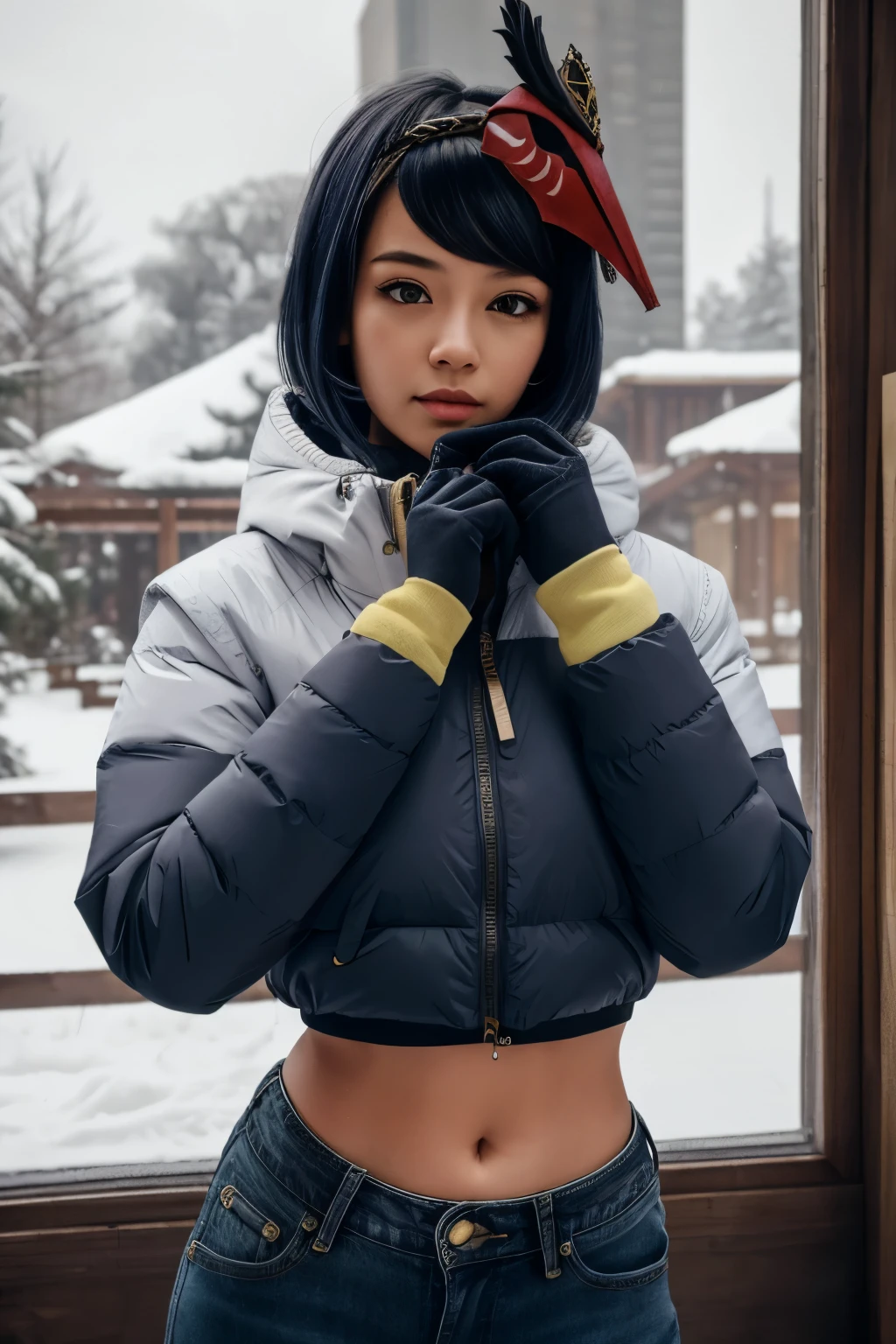 1girl, (long sleeved puffer parka, long jeans, iron belt), ((midriff, navel)), looking at viewer, snowfield, (cinematic lighting, best quality, masterpiece, high details, best quality, highres, HD, 4K, 8k, super detail), (kujou sara:1.3), mask on head, blue hair, short hair, yellow eyes,