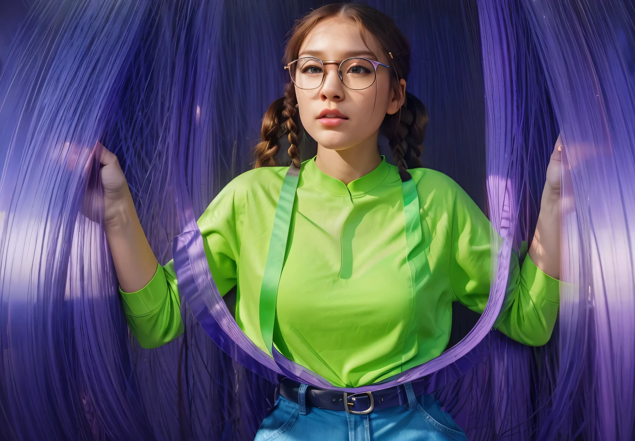 The girl is confused and looks out with large purple curls of hair. A girl in a green shirt looks out from a purple hairstyle of curls A asian girl with two pigtails, wearing a green shirt and suspenders, looks scared with her hands up. Satin skin with natural texture, ultra realistic hyper realistic body skin texture ultra realistic a girl with long brown ponytails, black round glasses, wearing a bright shirt and glasses, stretches out her hands. She has a frightened expression on her face, perfect smooth skin. with long brown hair and glasses, smoot, multiple light sources, rim light, sharp post effects render, perfect cgi, anthropomorphic cat, digital art, detailed digital art, reflective, best quality, 4k, masterpiece:1.2, ultra-detailed, realistic, vivid colors, dark and moody lighting, The image of the highest quality, ensuring every detail showcased perfectly. It in 4k resolution, allowing viewers to immerse themselves in the richness of the colors and intricate details. The realistic rendering. under the spotlight, reflecting, high-resolution image, realistic rendering, dark background, and rim light