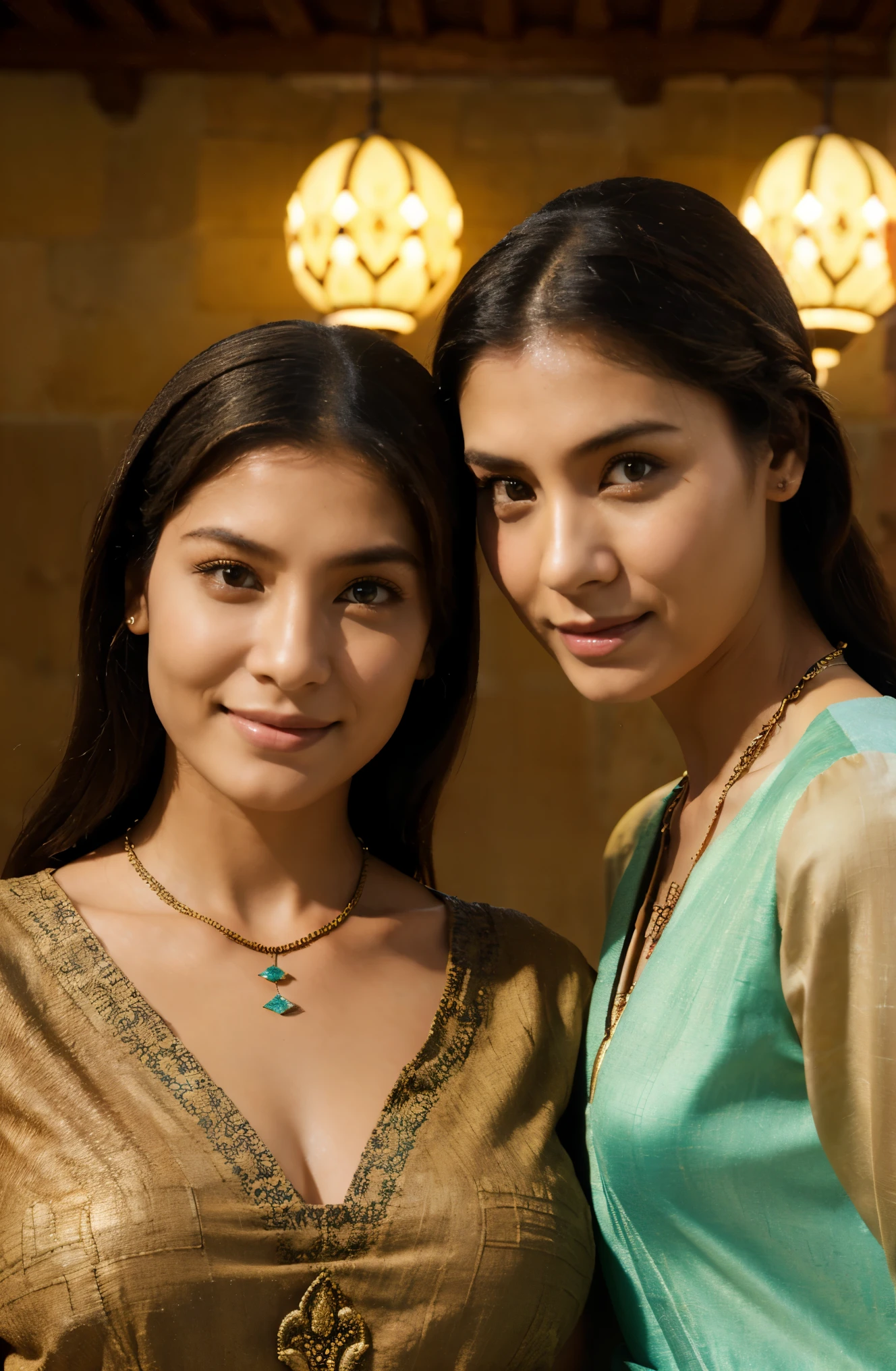 The proportions are the same for all races, All faces and pictures must be different, high quality, ultra-realistic, closeup portrait of two Beautiful women of ancient Mesopotamia,leering:1.4,dynamic pose, ancient Mesopotamian civilization, Babylonia, Uruk, tunics of various lengths, linen garments, agate necklaces,translucent paisley clothing, Kaunakes, bronze ware, a little smile, high adobe walls, luminism, 3d render, octane render, cinematic, Isometric, awesome full color, 8K Ultra HD, by yukisakura, high detailed,