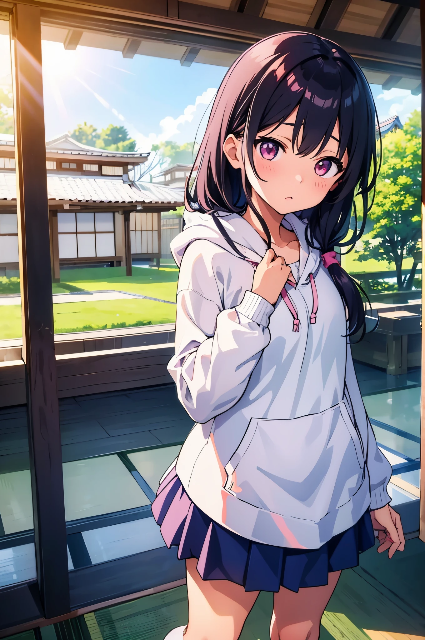 countryside Veranda of a Japanese house from the Showa era elementary school girl 8-year-old flat chest black hair long hair eyes are purple ((1 person)) Hooded hoodie with upper body pink Lower body navy blue mini skirt white panties white socks Bright sunlight Standing on the veranda ((スカートがめくれてwhite pantiesが見える)) dynamic angle Low - Angle