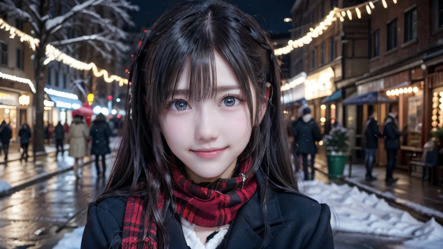 (A close-up of one girl is、Has long hair with dull bangs in a winter uniform and scarf coat:1.5)、(One girl with a shy smile:1.5)、(Snowy winter night street corner with Christmas lights:1.5)、(perfect anatomy:1.3)、(no mask:1.3)、(full finger:1.3)、realistic、photograph、table top、highest quality、High resolution, delicate and beautiful、perfect face、beautiful and fine eyes、Fair skin、real human skin、pores、((thin legs))、(black hair) information,(((whole body)))