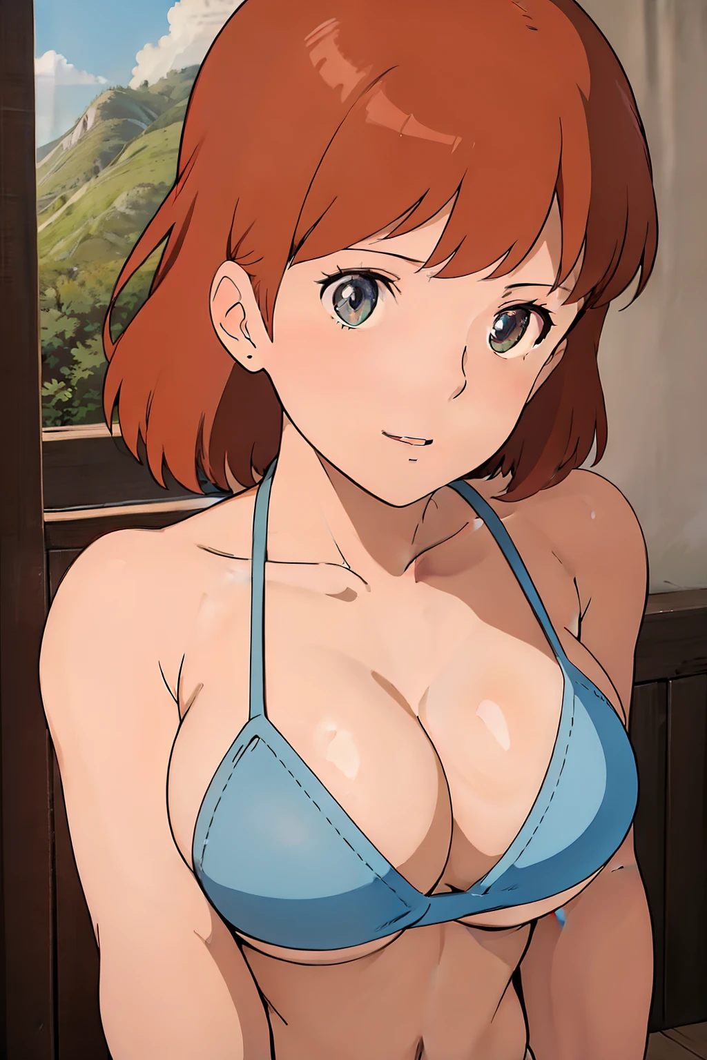 (masterpiece, best quality, high resolution, anime screencap, anime colored, 8k, photorealistic), Nausicaa, solo, brown hair, looking at viewer, huge breasts, cleavage, (white micro bikini:1.5), upper body, forest, sunshine, (perfect detailed anatomy, beautiful detailed face&eyes, shiny skin, detailed body)