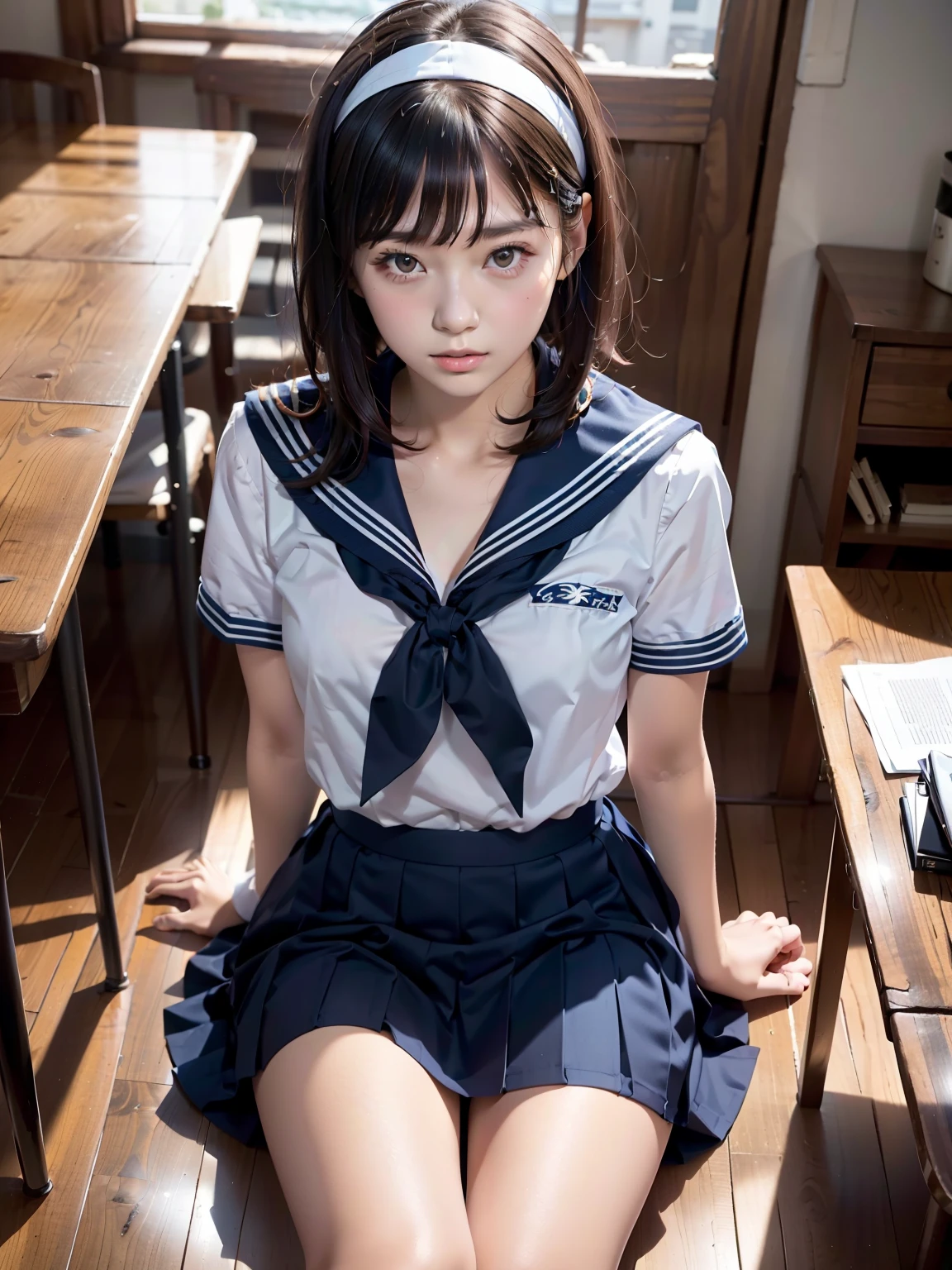 sailor suit, 8K, highest quality, masterpiece, Super detailed, ultra high resolution, realistic, RAW photo, absolute resolution, face is small compared to body, very small face, black hair,  navy blue sailor uniform, Dark blue skirt, 3D rendering, realistic若い女子高生, ((white headband)), small breasts, expensive, slanted eyes, (school scenery), black stockings, open your mouth, bob cut, position looking down from above, 