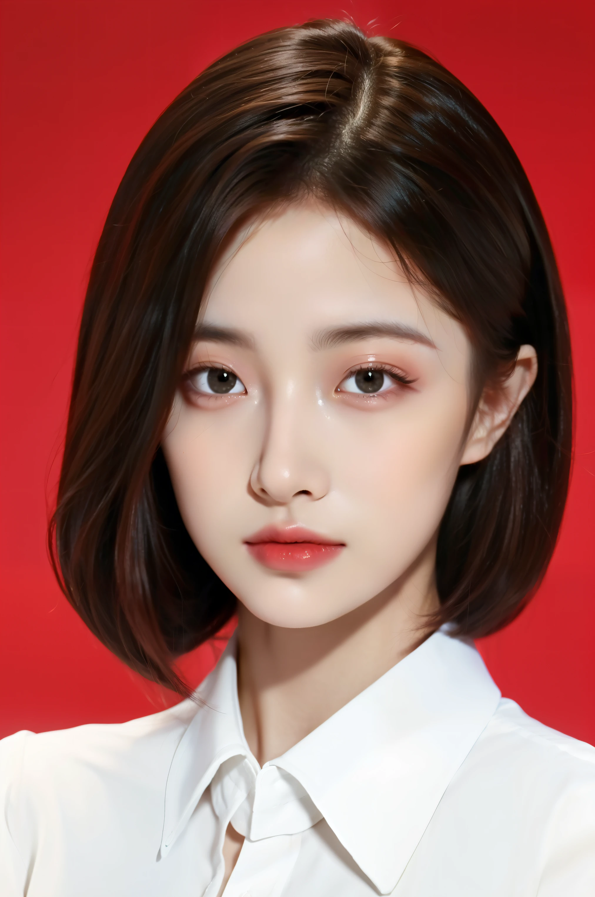 Best quality, High details, high resolution, HD, 16k,Close-up photo of shoulder length short brunette girl in suit uniform, ultraclear, Flawless and delicate face, Truly delicate skin, big breasts beautiful, Delicate and clear eyes, Look at the screen, Simple, (simple red background)
