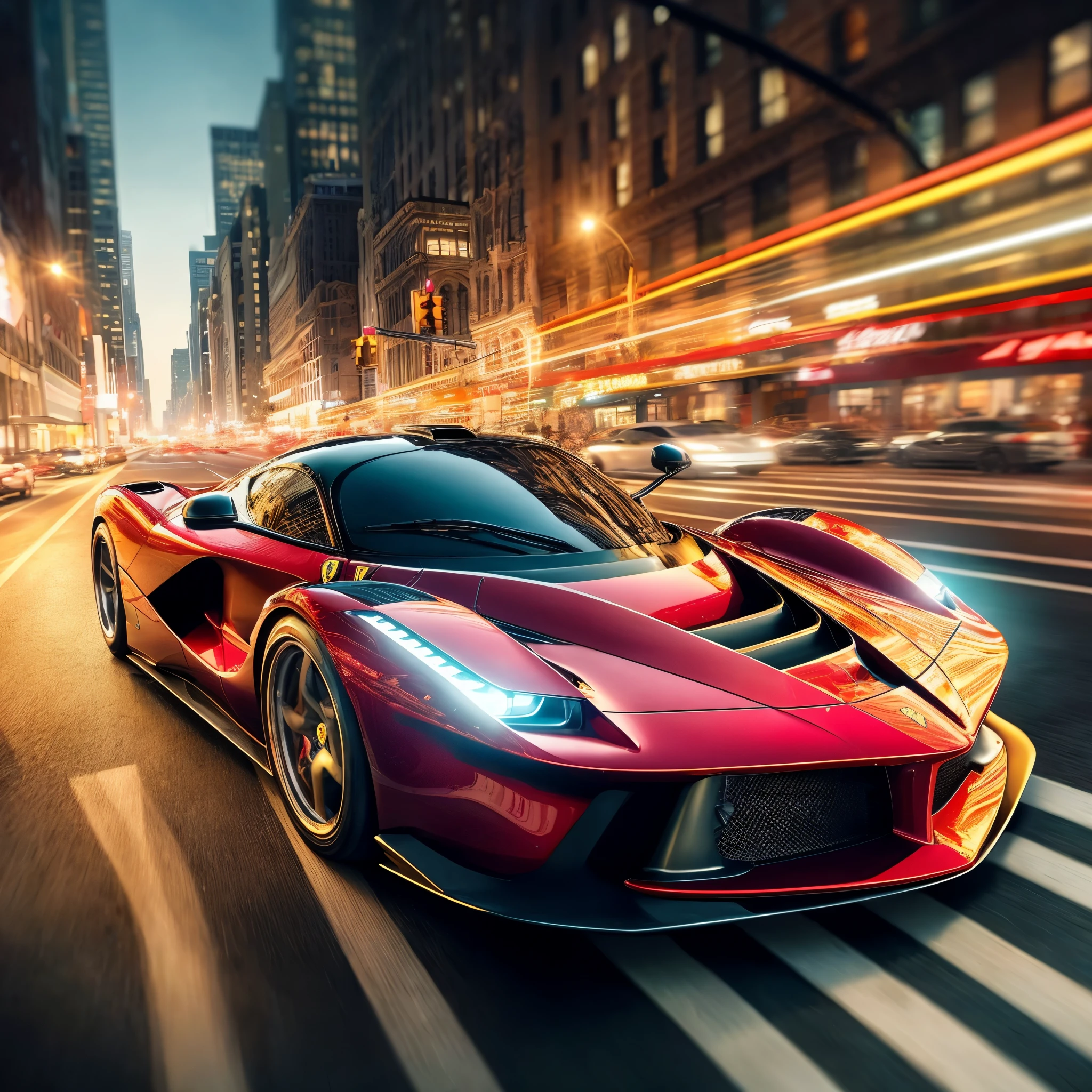 Visualize a stunning scene featuring a highly detailed FXX Ferrari gracefully cruising down the iconic Main Street in downtown NYC. Emphasize the sleek and perfect lines of this high-performance machine, capturing every curve and contour with meticulous precision. Zoom in on micro-details, such as the reflection of city lights on the polished surface of the car, the intricacies of the Ferrari's aerodynamic features, and the play of shadows accentuating its powerful design. Highlight the fine craftsmanship of the Ferrari, showcasing details like the precision of the wheels, the gleam of the headlights, and the smooth, aerodynamic silhouette. Set the background in the heart of downtown NYC, with towering skyscrapers lining the Main Street. Capture the vibrant urban atmosphere, with city lights reflecting off the car's exterior, creating a visually captivating and dynamic scene. Consider the traffic and city life surrounding the Ferrari, adding depth and context to the high-speed elegance of the car. This detailed prompt aims to inspire a highly detailed and visually striking depiction of a FXX Ferrari cruising down Main Street in downtown NYC, focusing on perfect lines, micro-details, and the electrifying energy of the urban environment.