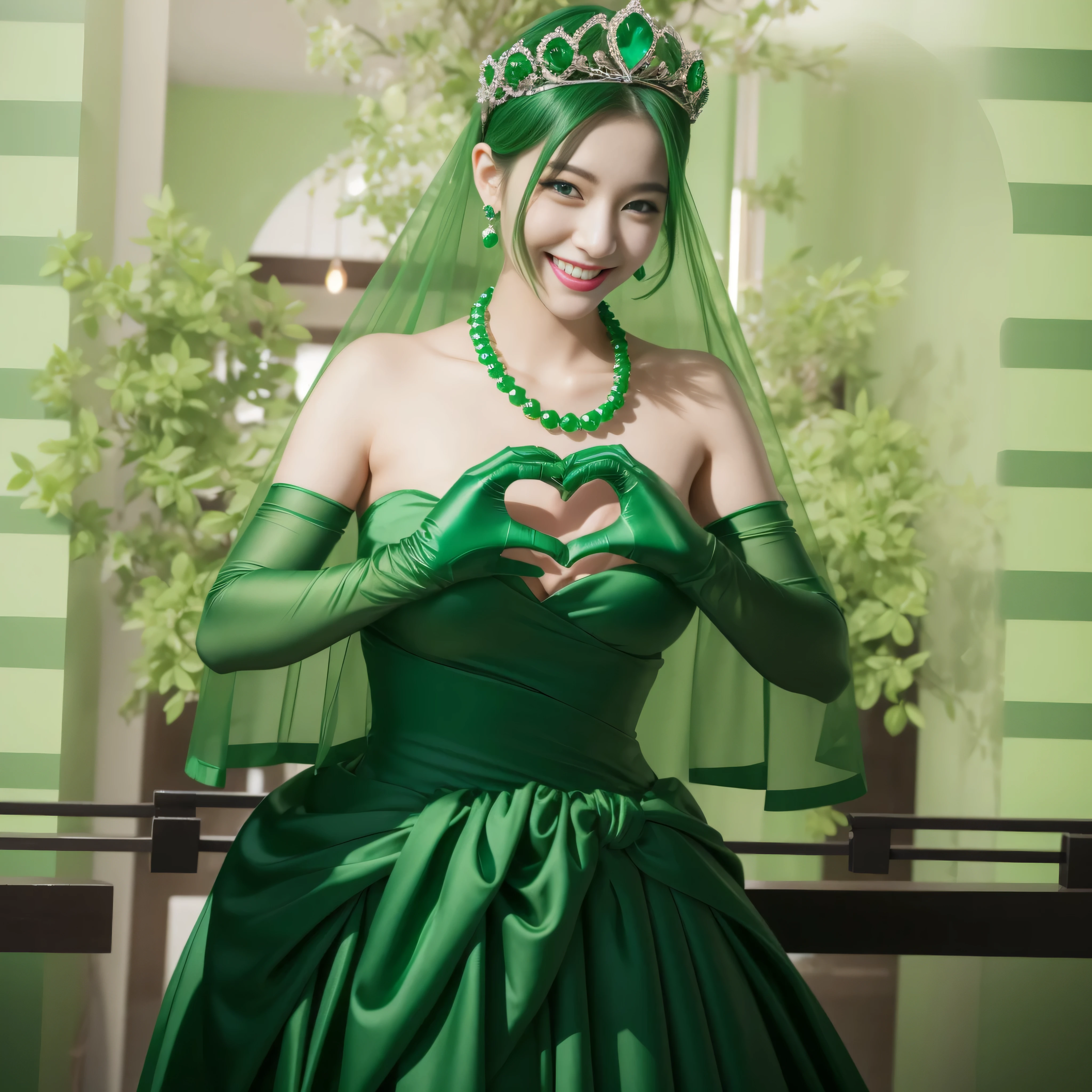 emerald tiara, green pearl necklace, ボーイッシュな非常に短いgreen hair, lipstick, smiling Japanese woman, very short hair,  Beauty with large breasts, green eyes, Long Green Satin Gloves, green eyes, emerald earrings, green veil, heart with both hands, green hair, beautiful japanese woman, heart shaped hand:1.3, green lip gloss
