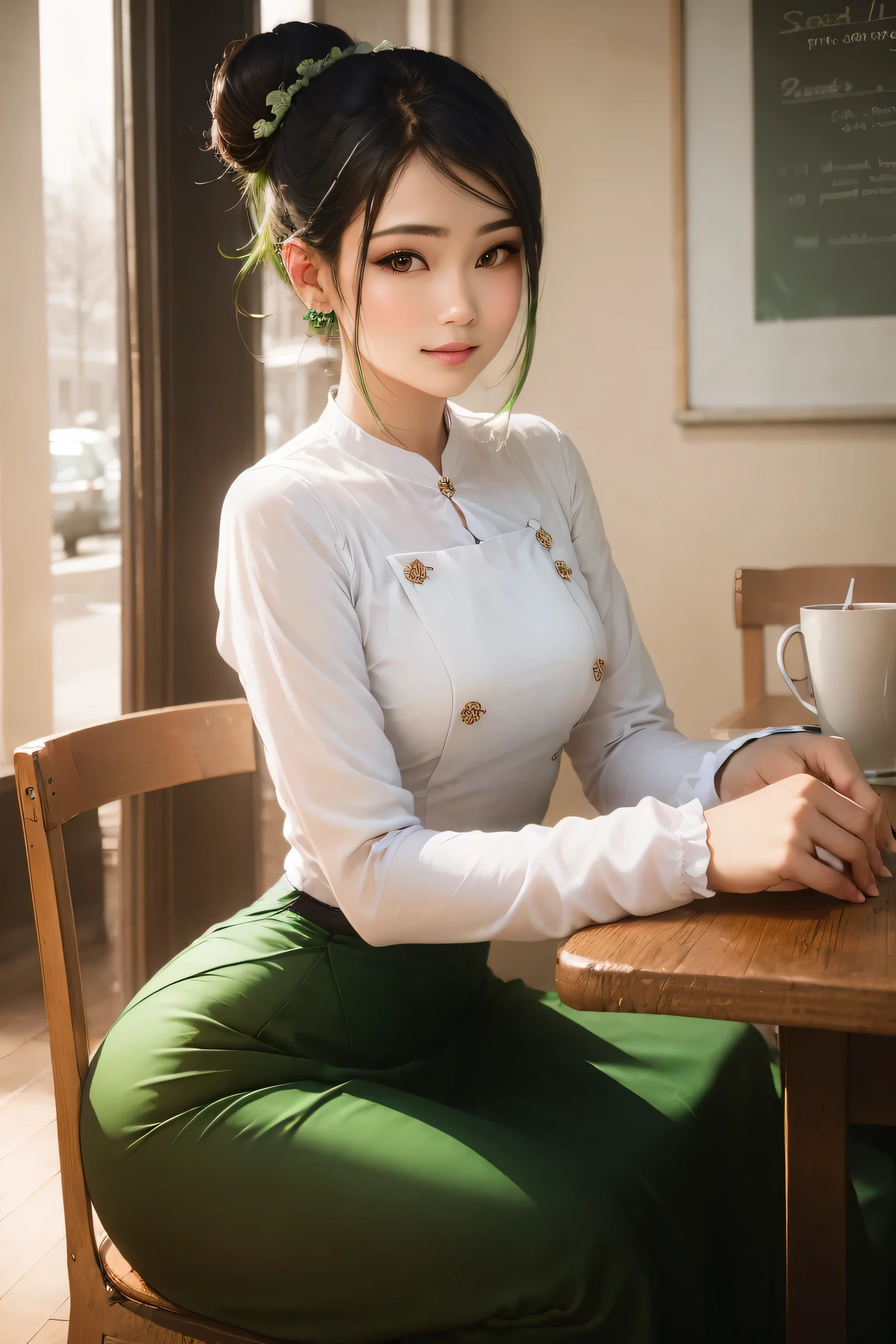 Portrait of a stunning young woman with a stylish hair bun, captivating gaze, and a warm atmosphere of a cozy coffee shop, realistic shading, fine details, exquisite lighting, digital painting, (wearing acmmsayarma outfit, acmmsayarma white top with buttons, long sleeves), ((acmmsayarma green long skirt))