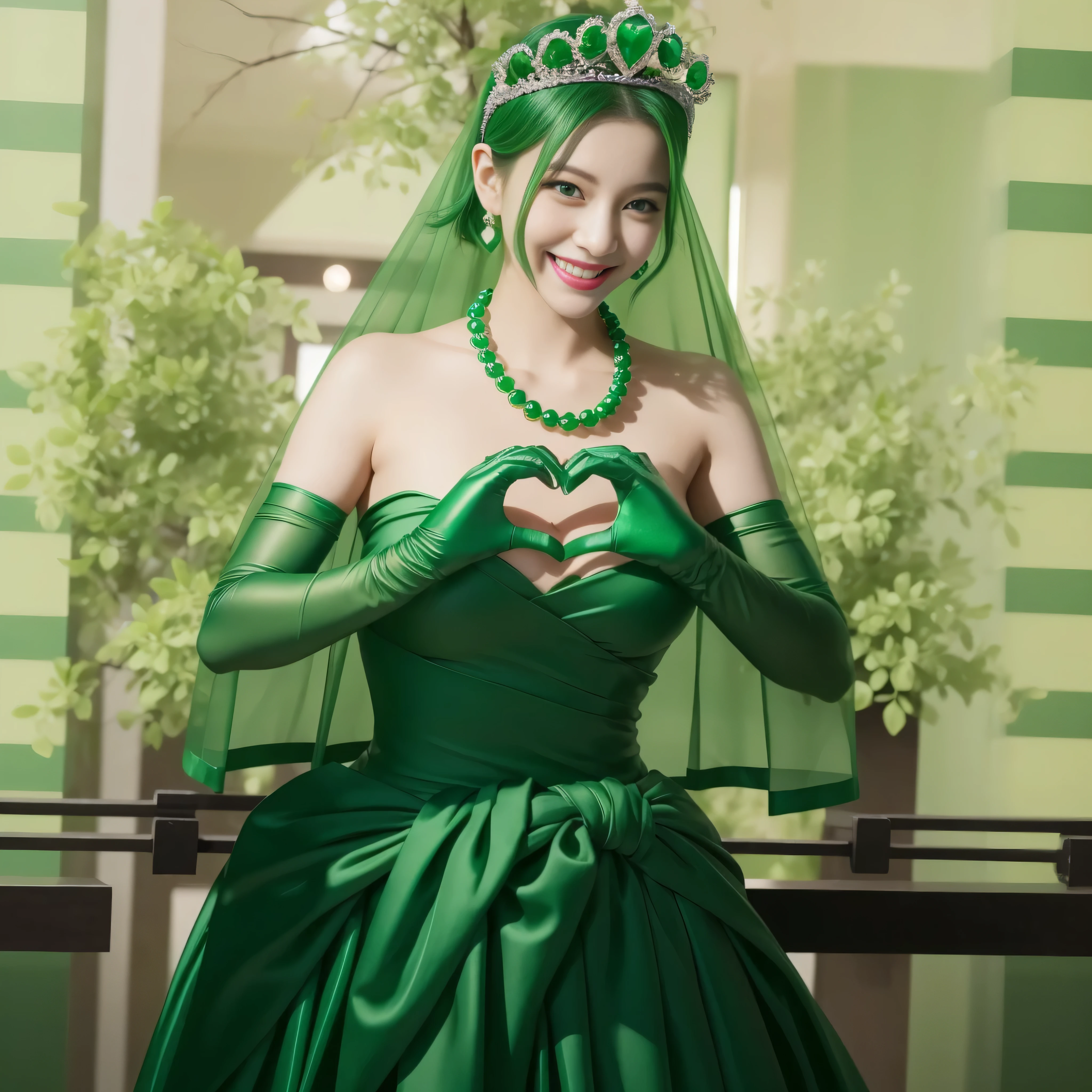 emerald tiara, green pearl necklace, ボーイッシュな非常に短いgreen hair, lipstick, smiling Japanese woman, very short hair, Beauty with large breasts, green eyes, Long Green Satin Gloves, green eyes, emerald earrings, green veil, heart with both hands, green hair, beautiful japanese woman, heart shaped hand:1.3, green lip gloss