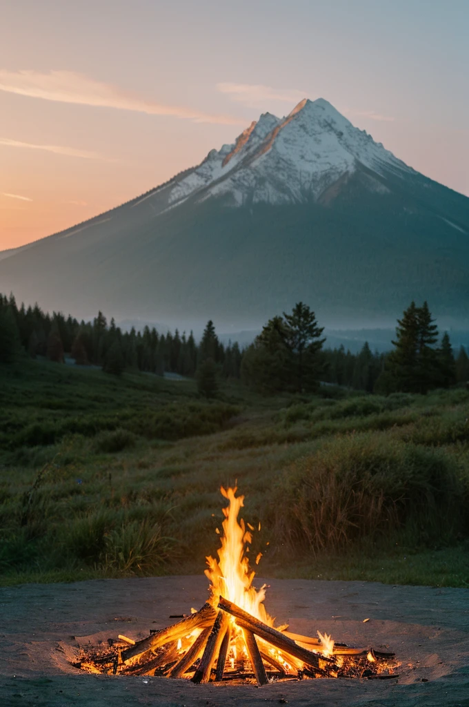 highest quality,warm bonfire,beautiful scenery,distant mountain々