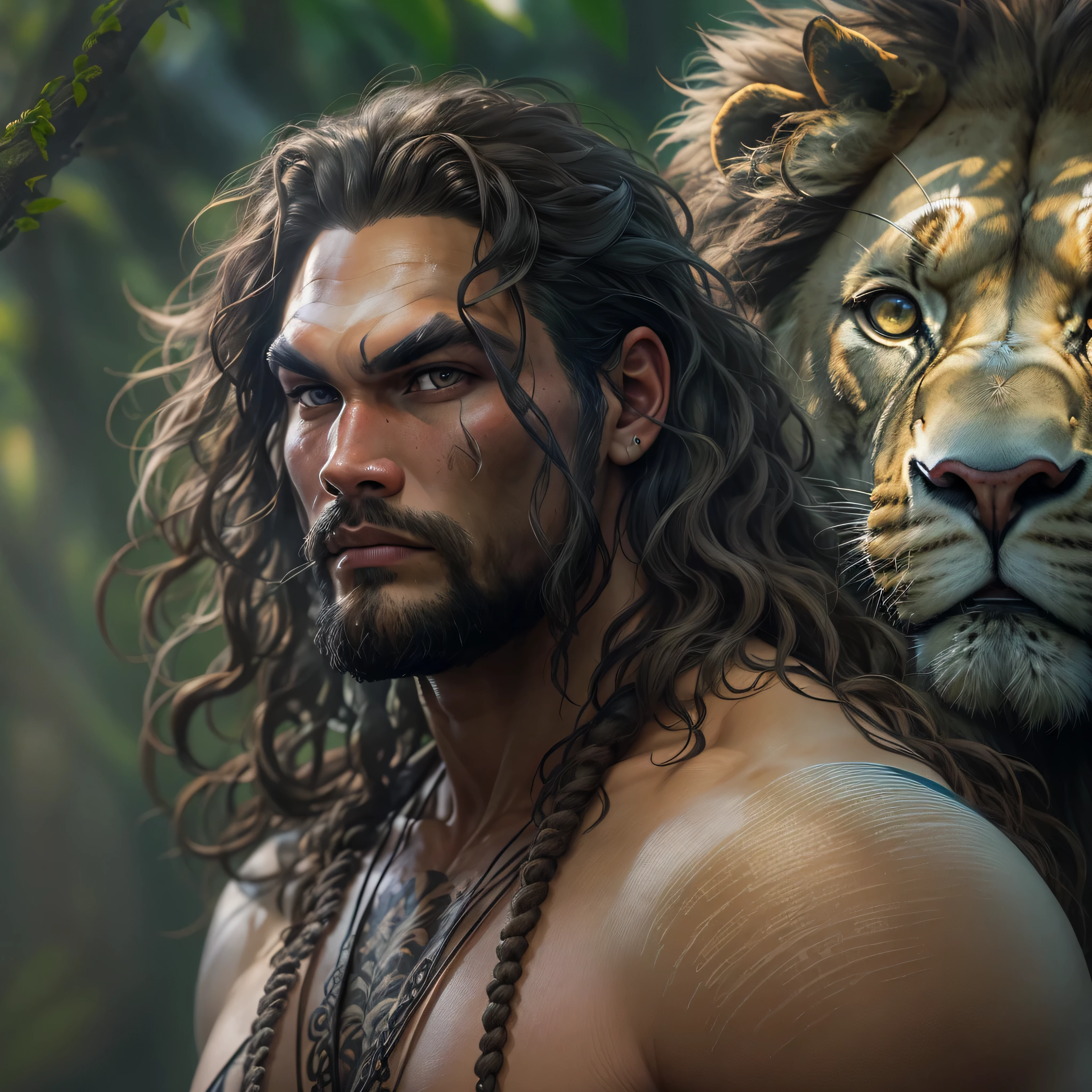 half body image, a photo of Jason Momoa as Tarzan lord of the jungle from Marvel comics, clean shaven, with Lion, Intricate, High Detail, Sharp focus, dramatic, photorealistic digital art, photo-realistic, octane render, unreal engine, ultra-realistic