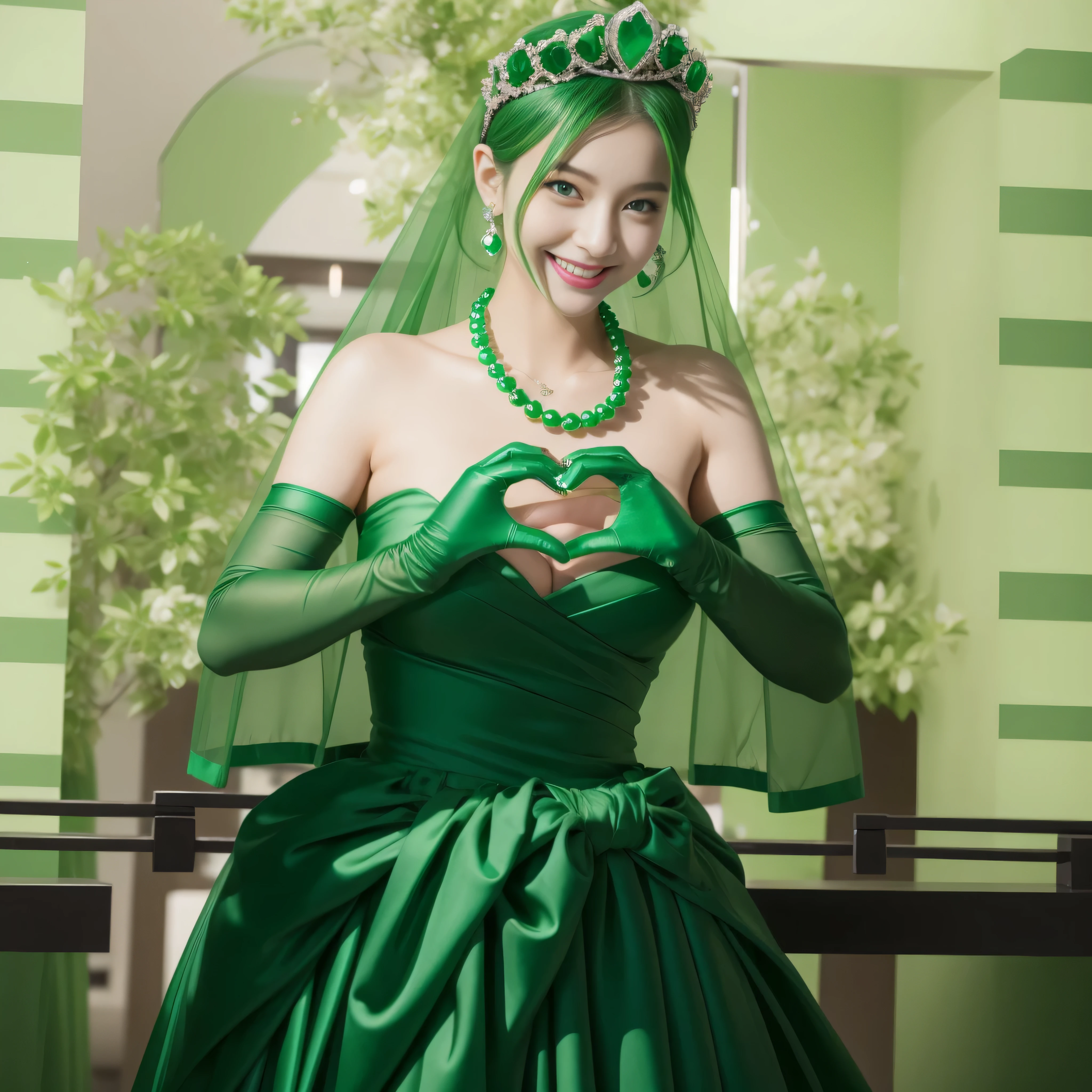 emerald tiara, green pearl necklace, ボーイッシュな非常に短いgreen hair, lipstick, smiling Japanese woman, very short hair, Beauty with large breasts, green eyes, Long Green Satin Gloves, green eyes, emerald earrings, green veil, heart with both hands, green hair, beautiful japanese woman, heart shaped hand:1.3, green lip gloss